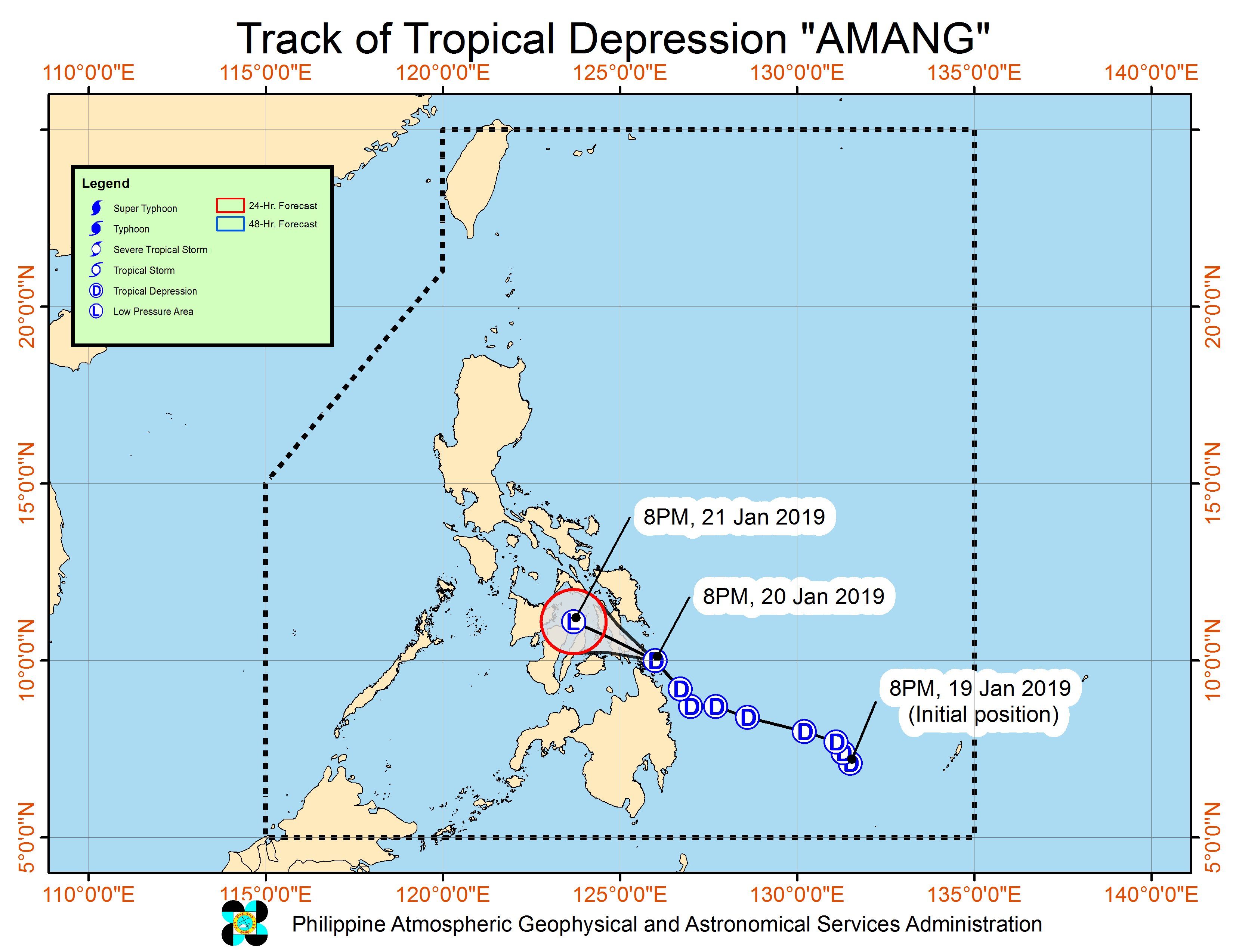 Forecast track of Tropical Depression Amang as of January 20, 2019, 11 pm. Image from PAGASA 