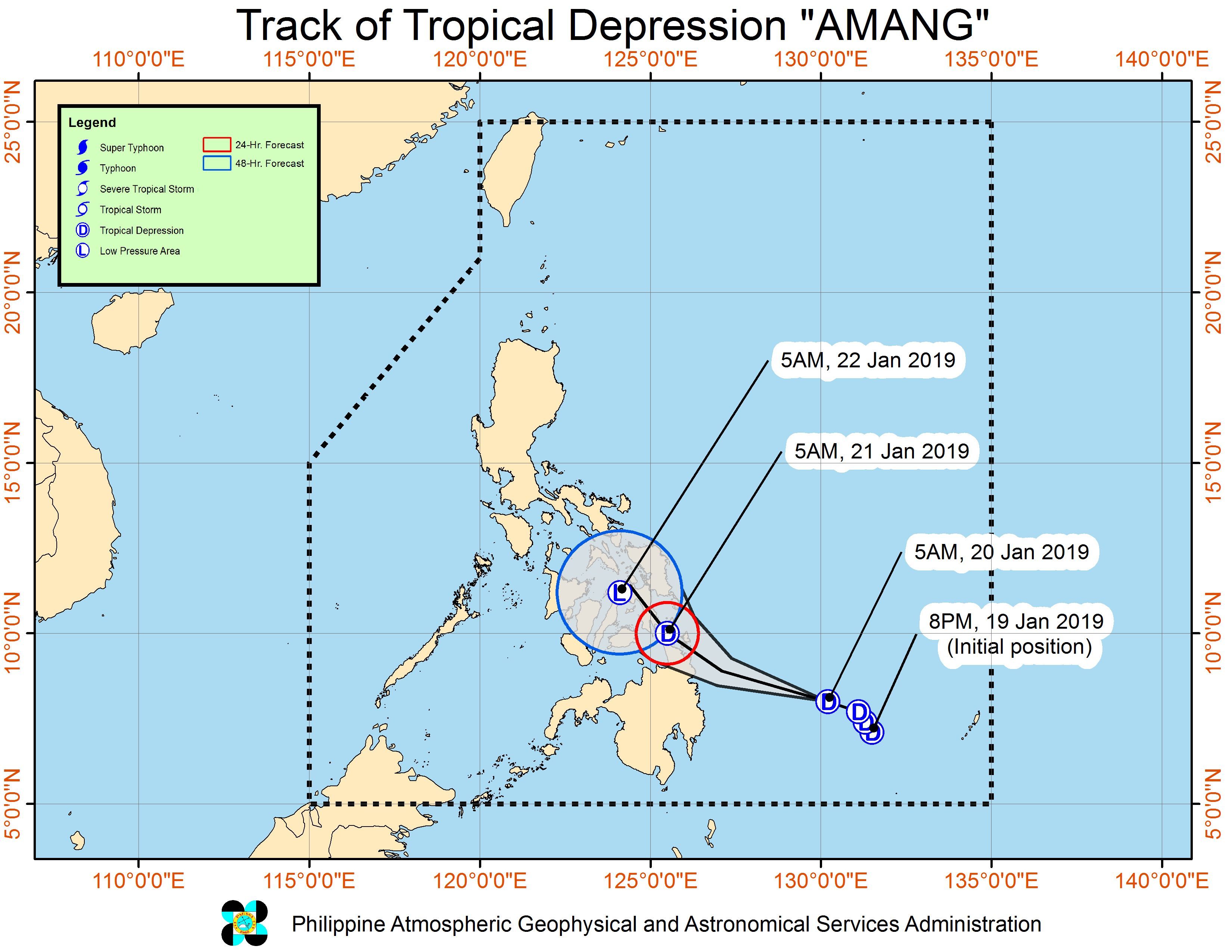 Forecast track of Tropical Depression Amang as of January 20, 2019, 8 am. Image from PAGASA 