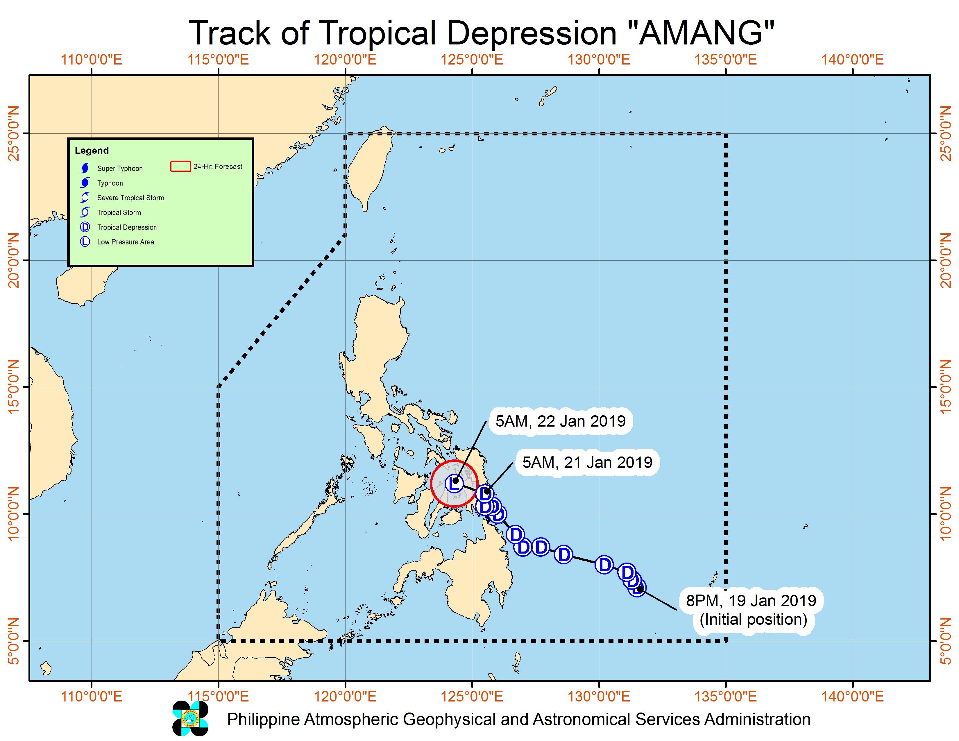 Forecast track of Tropical Depression Amang as of January 21, 2019, 8 am. Image from PAGASA 