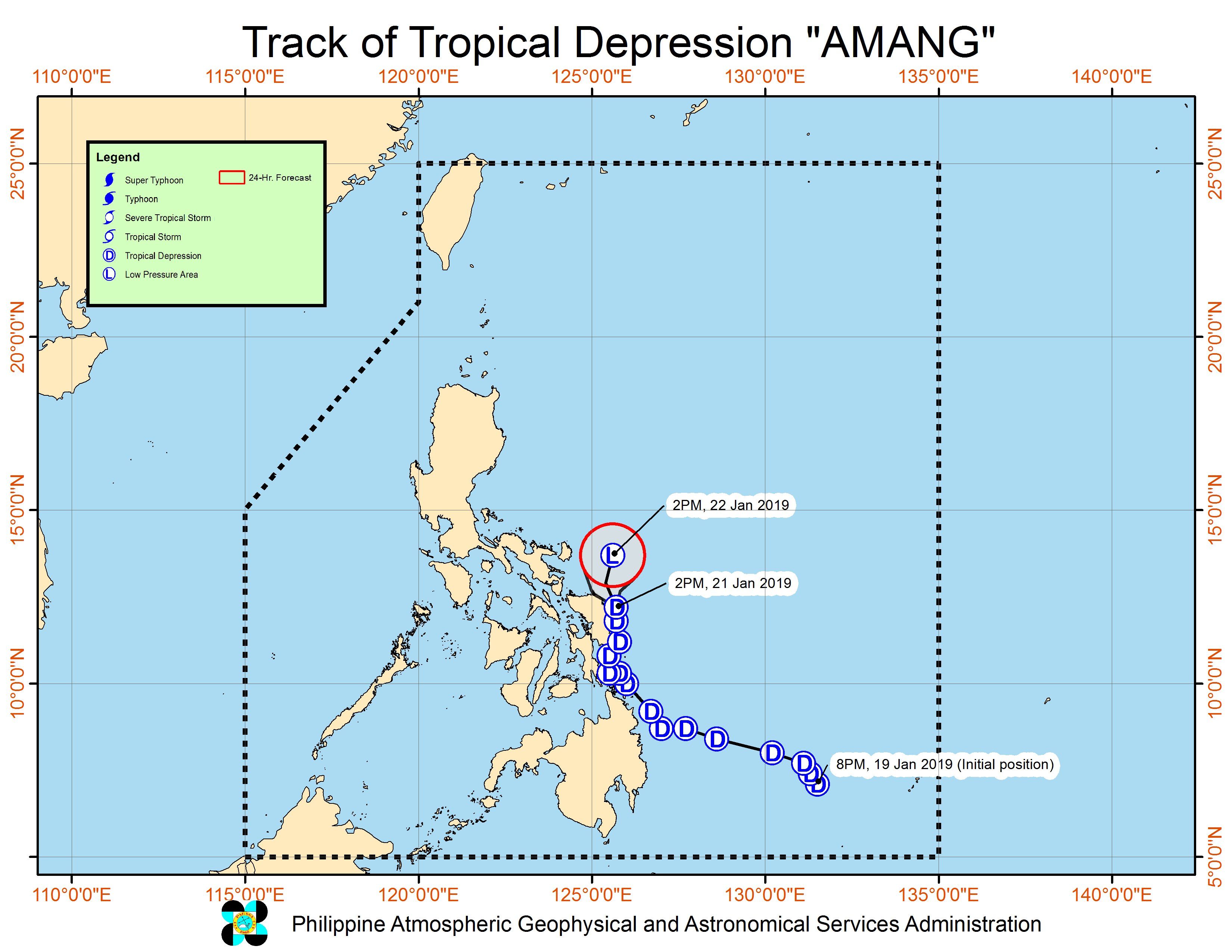 Forecast track of Tropical Depression Amang as of January 21, 2019, 5 pm. Image from PAGASA 