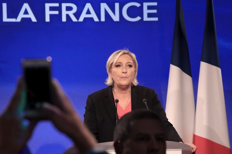 CONCESSION. French presidential election candidate for the far-right Front National (FN) party Marine Le Pen delivers a speech in Paris, on May 7, 2017, after the second round of the French presidential election. Joel Saget/AFP 
