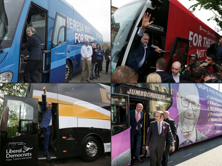 BATTLE BUSES. This combination of file pictures shows (Clockwise From Top L), Prime Minister Theresa May boarding the Conservative party's bus at an airfield north of Newcastle, May 12; Labour Party leader Jeremy Corbyn waving to supporters as he climbs back onto the Labour bus in Southall, west London, May 18; UKIP leader Paul Nuttall (L) and the party's candidate for the Clacton constituency, Peter Oakley (2L), exiting the party's bus in Clacton-on-Sea, eastern England, May 20; and Liberal Democrats leader, Tim Farron greeting supporters at the start of his bus tour, in Kingston, south west London, May 1. Pool and AFP photos 