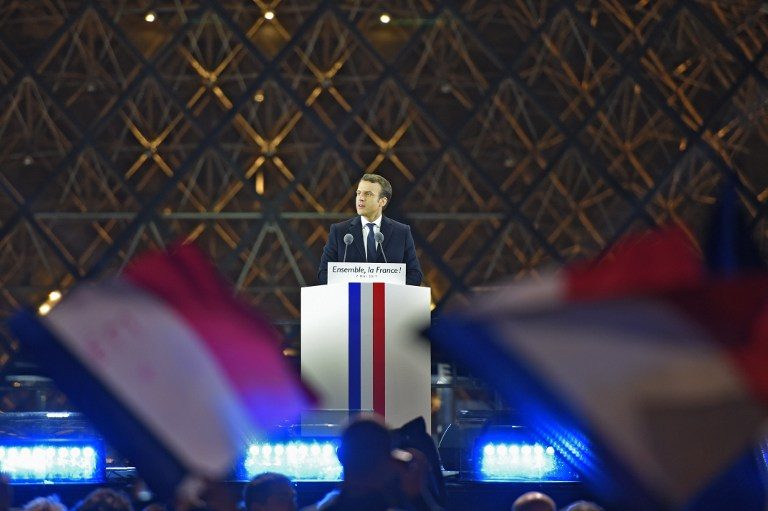 MACRON AT THE LOUVRE. French president-elect Emmanuel Macron delivers a speech in front of the Pyramid at the Louvre Museum in Paris on May 7, 2017, following the announcement of the results of the second round of the French presidential election. Eric Feferberg/AFP 