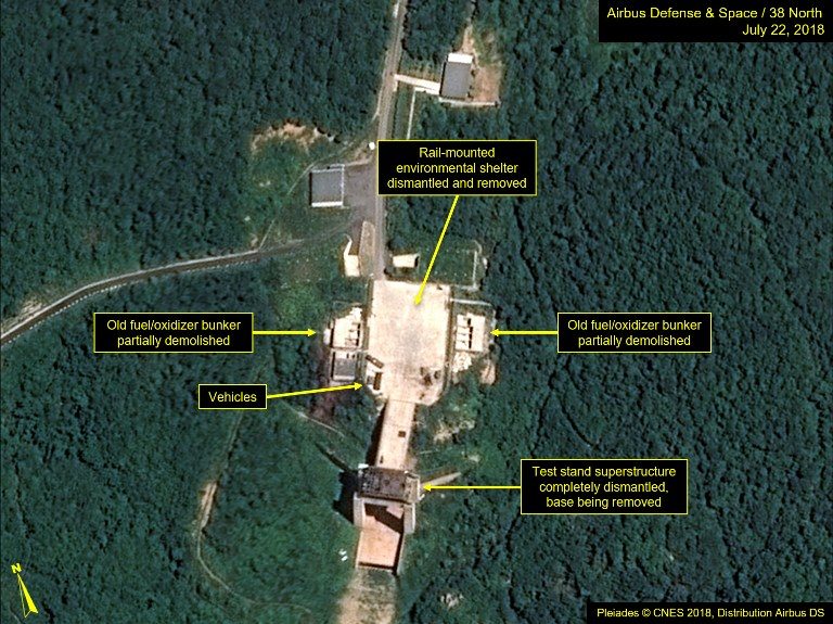 DISMANTLING. Satellite image courtesy Airbus Defense and Space and 38 North dated July 22, 2018 and obtained July 23, 2018 shows the apparent dismantling of facilities at the Sohae satellite launching station, North Korea.
AFP PHOTO/Pléiades © Cnes 2018, Distribution Airbus DS 