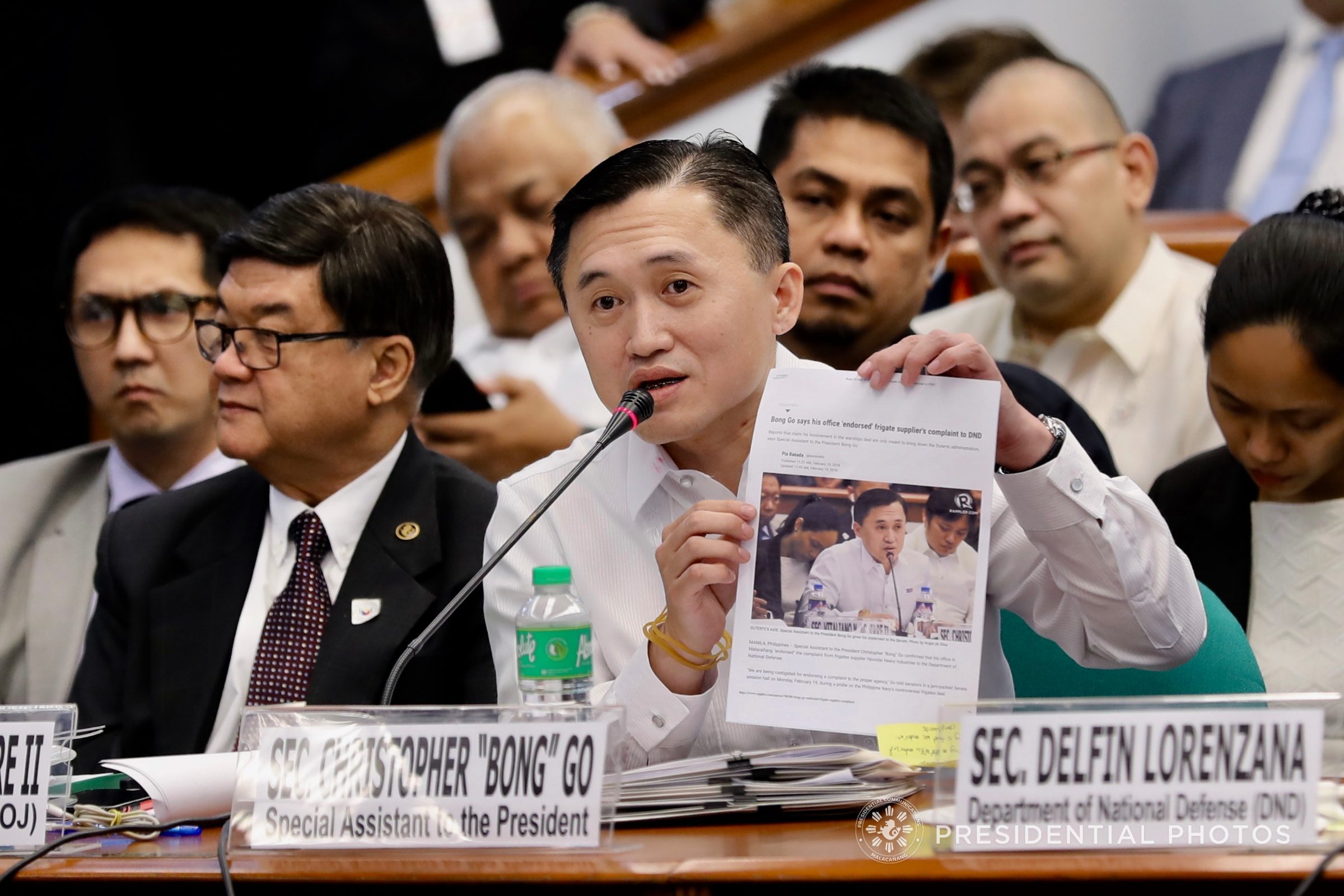 DUTERTE'S AIDE. Special Assistant to the President Bong Go testifies at the Senate investigation on the controversial navy frigates deal on February 19, 2018. Malacanang Photo  