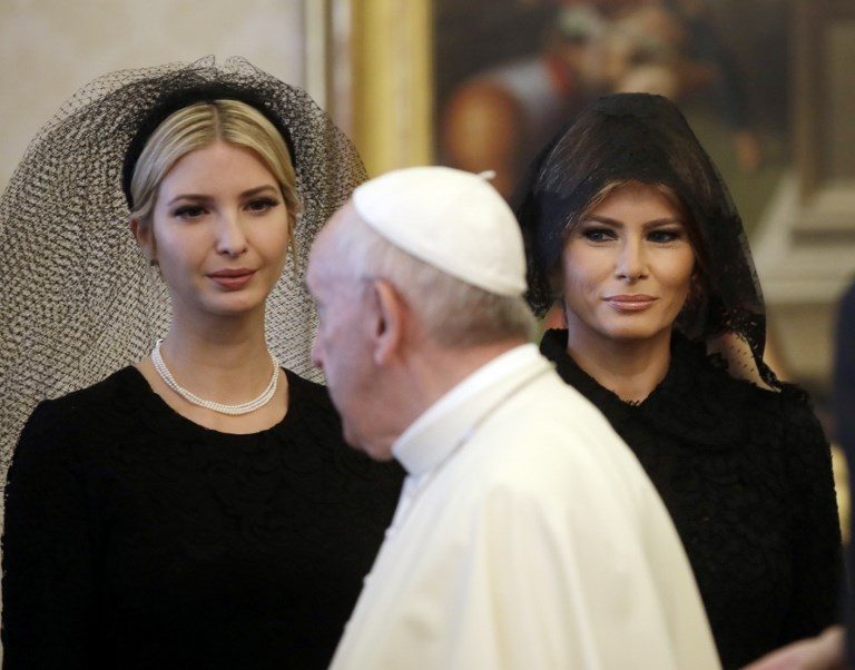 VATICAN VISIT. Pope Francis walks past US First Lady Melania Trump (R) and the daughter of US President Donald Trump Ivanka Trump (L) at the end of a private audience at the Vatican on May 24, 2017. Photo by Alessandra Tarantino/AFP/Pool  