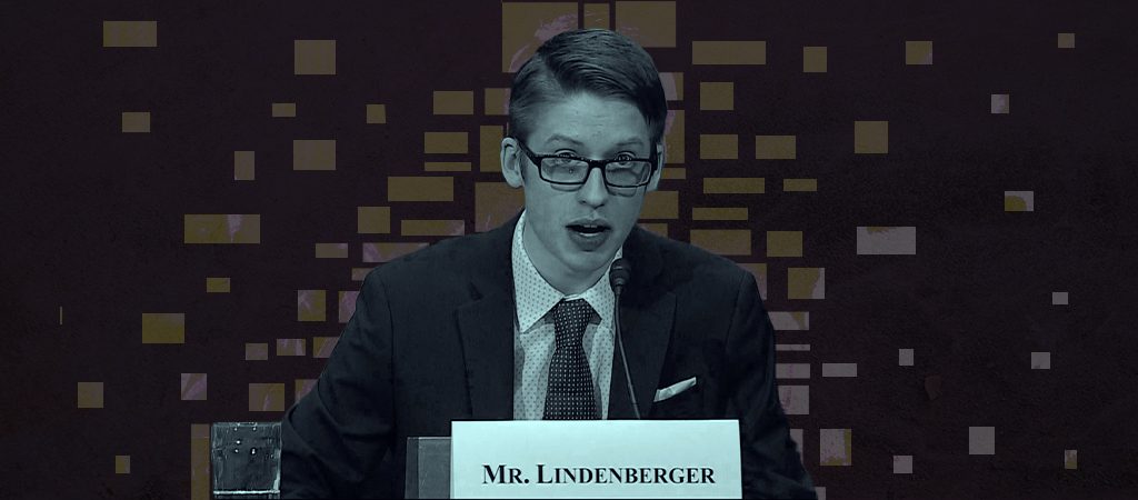 LINDENBERGER. 18-year-old Ethan Lindenberger testifying before the Senate Committee in March. Illustration by Anastasia Gviniashvili for Coda Story. 