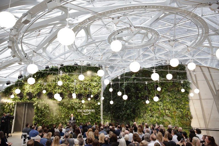 BEZOS. Chief Executive Officer of Amazon, Jeff Bezos, speaks at the grand opening of the Amazon Spheres, in Seattle, Washington on January 29, 2018. File photo by Jason Redmond/AFP 