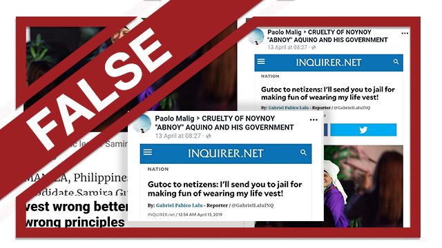 FALSE: ‘Inquirer story’ on Gutoc threatening to jail netizens over life vest