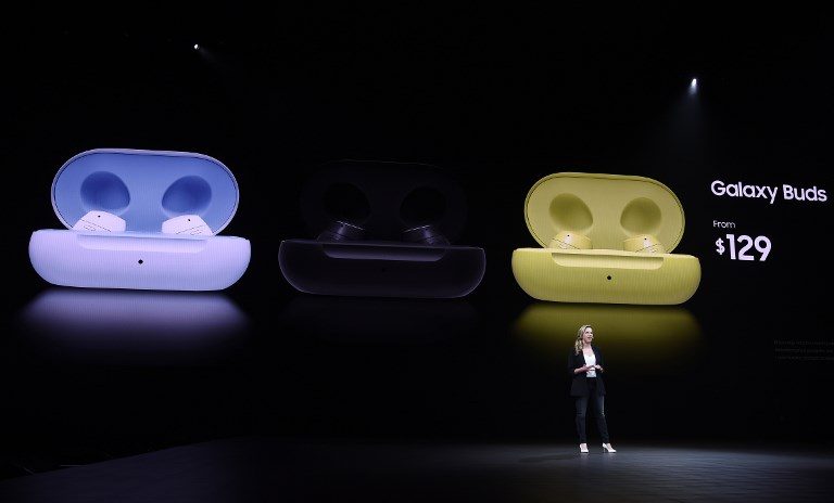 GALAXY BUDS. Elina Vives, Senior Director of Marketing for Samsung, speaks during the Samsung Unpacked product launch event in San Francisco, California on February 20, 2019. Photo by Josh Edelson/AFP 