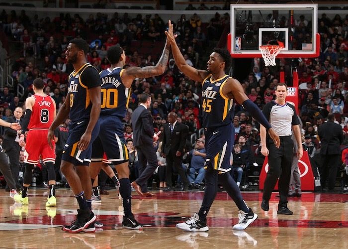 ESCAPE ACT. Jordan Clarkson and Donovan Mitchell celebrate after the Jazz secure a thrilling road win over the Bulls. Photo from Utah Jazz 