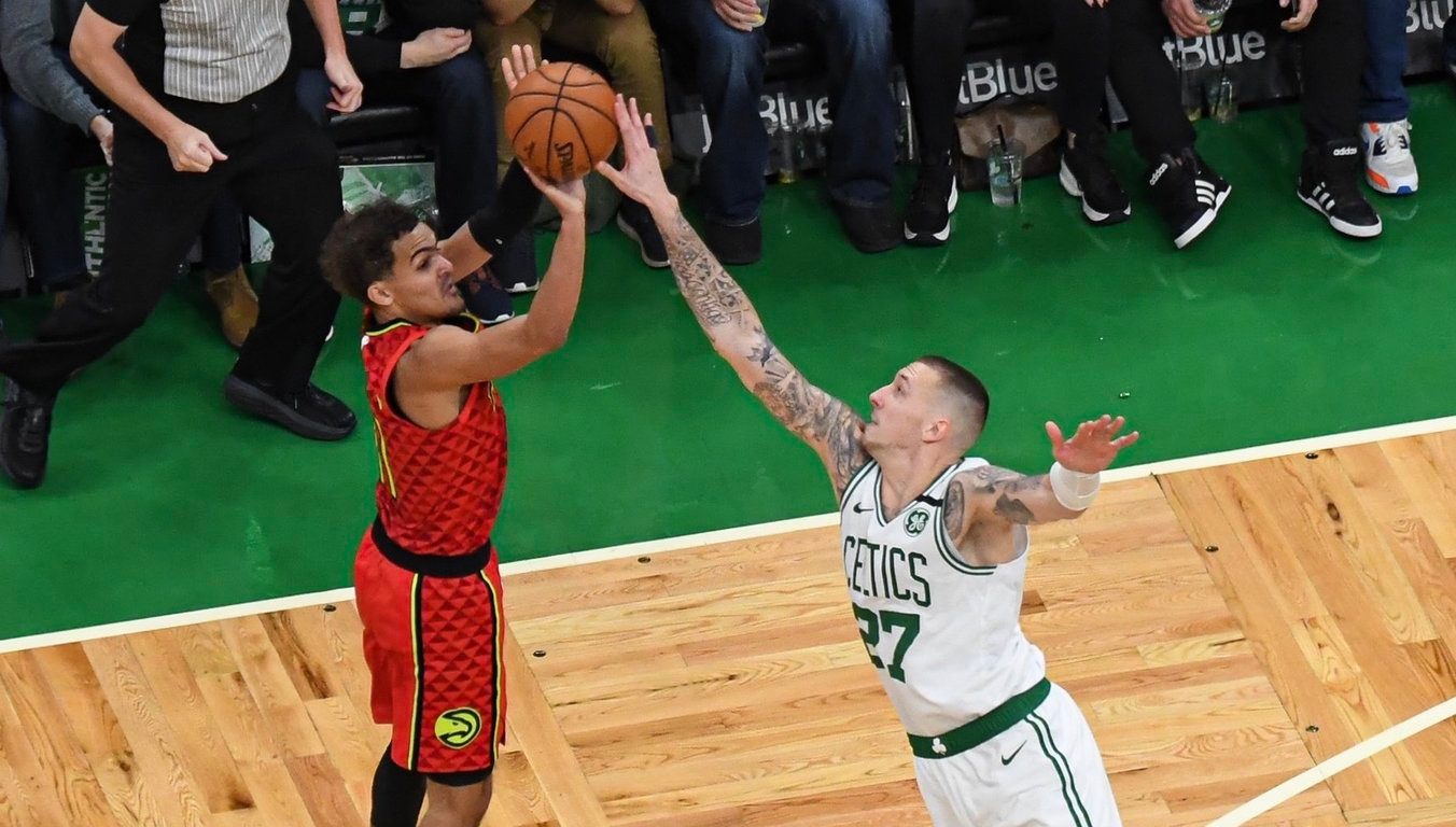 CLUTCH. Daniel Theis plays spoiler to Trae Young and the Hawks. Photo from Boston Celtics 