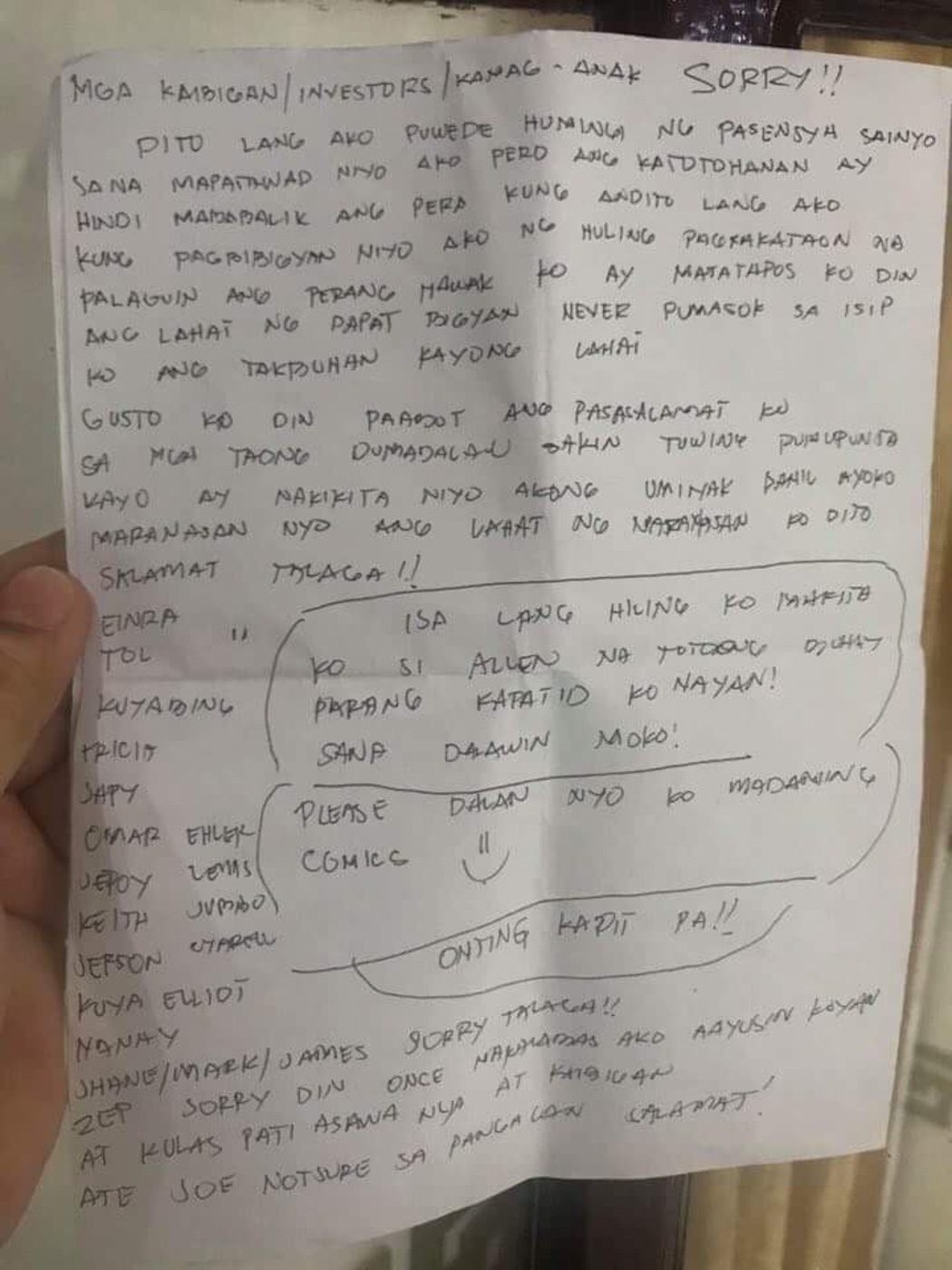 PERSONAL LETTER. Alleged scam mastermind Arnel Ordonio writes a letter to his investors. Sourced photo 