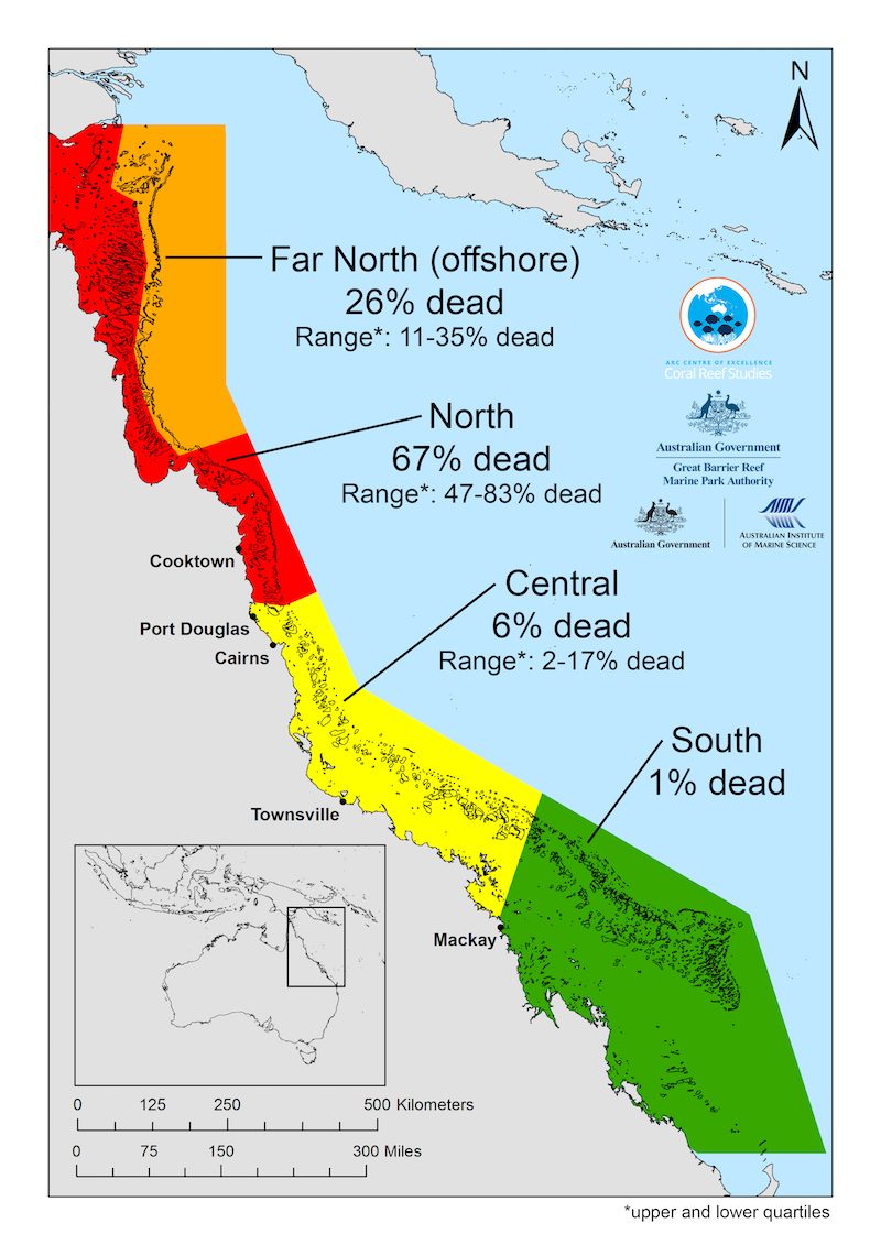 A map, detailing coral loss on Great Barrier Reef, shows how mortality varies enormously from north to south. Map courtesy ARC Centre of Excellence for Coral Reef Studies 
