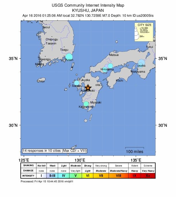 A handout shakemap provided by the US Geological Survey (USGS) on 15 April 2016 of a 7.1 magnitude earthquake (indicated by a star, C) detected in Kumamoto prefecture, southern Japan, 15 April 2016. Handout photo/EPA 