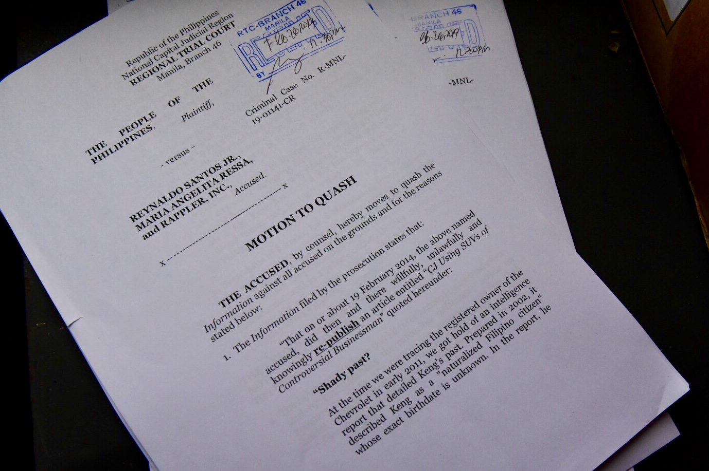 MOTION TO QUASH. On February 26, 2019, the Manila RTC Branch 46 receives a Motion to Quash from the lawyers of Maria Ressa and Reynaldo Santos for the cyberlibel case filed by William Keng. Photo by LeAnne Jazul/Rappler 