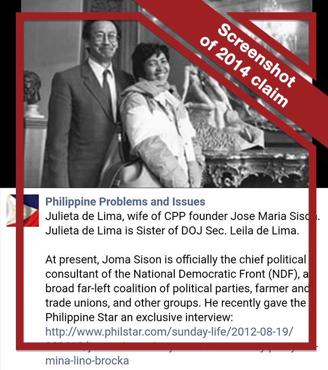 THE CLAIM FROM 2014. Facebook page Philippine Problems and Issues has been the first to claim about Senator Leila de Lima being a sister of Julieta de Lima 