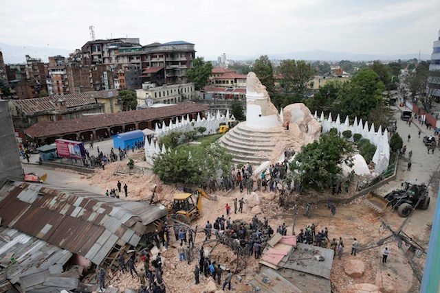 GONE. People inspect the damage of the collapsed landmark Dharahara, also called Bhimsen Tower, after an earthquake caused serious damage in Kathmandu, Nepal, April 25, 2015. Narendra Shrestha/EPA 