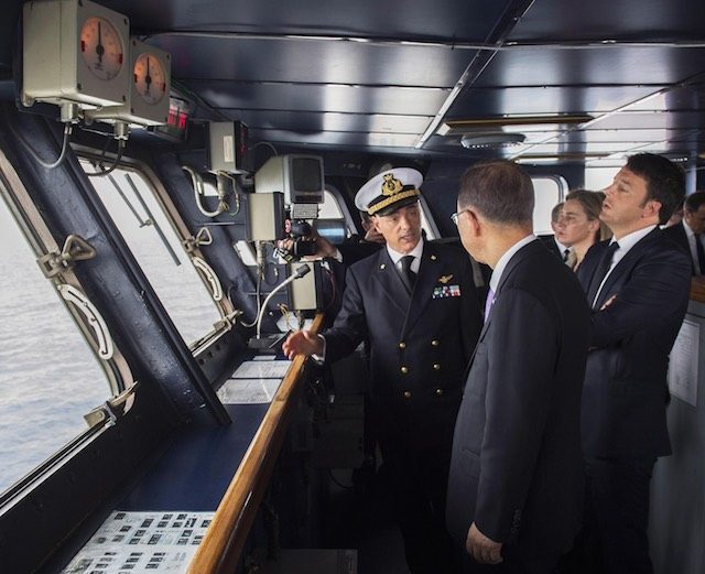 UN chief, Italy PM, EU’s Mogherini visit navy ship in ‘sea of misery’