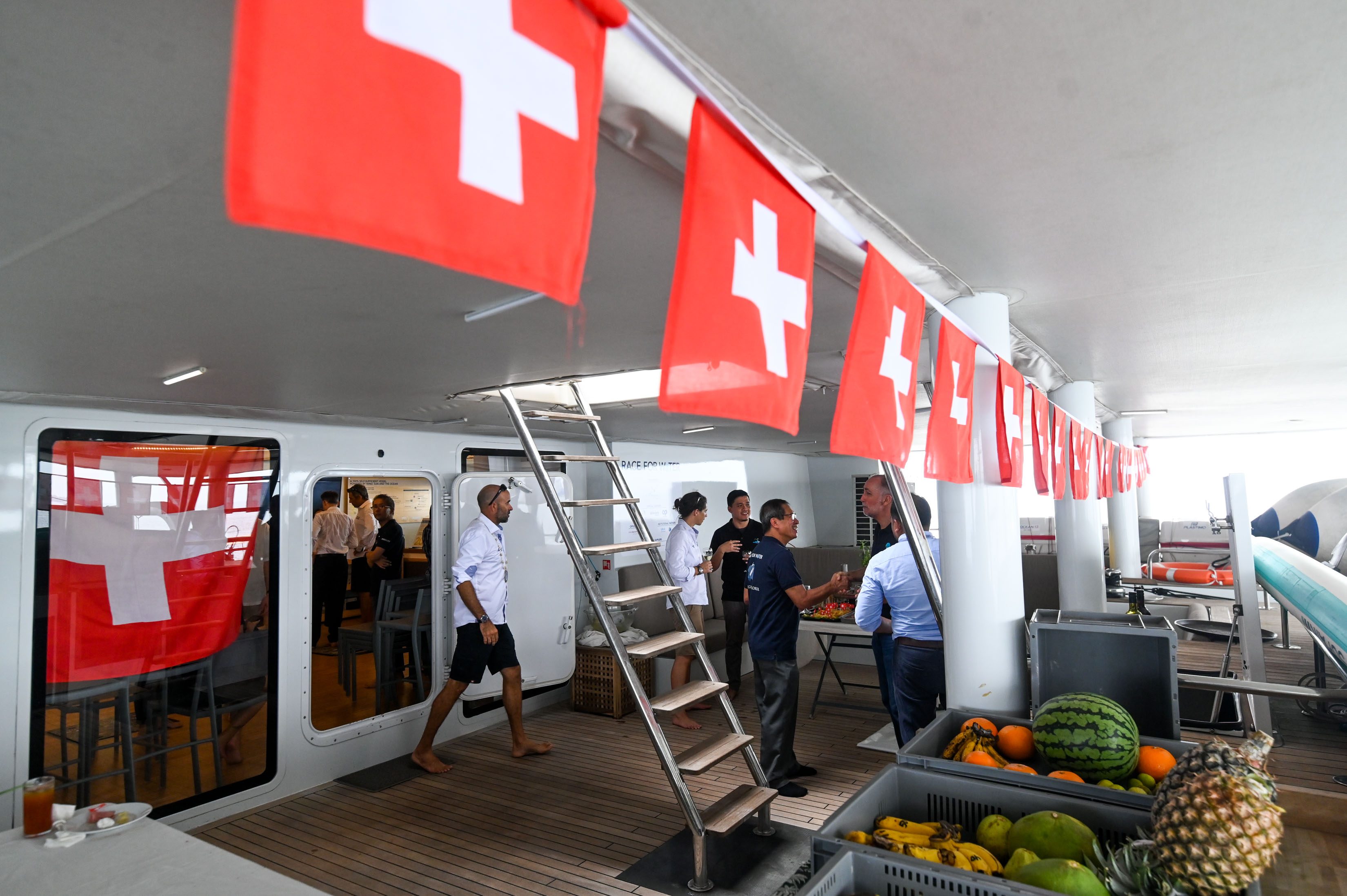 DECK. Swiss flags hangs at the outside deck of the ship. Photo by Alecs Ongcal/Rappler   