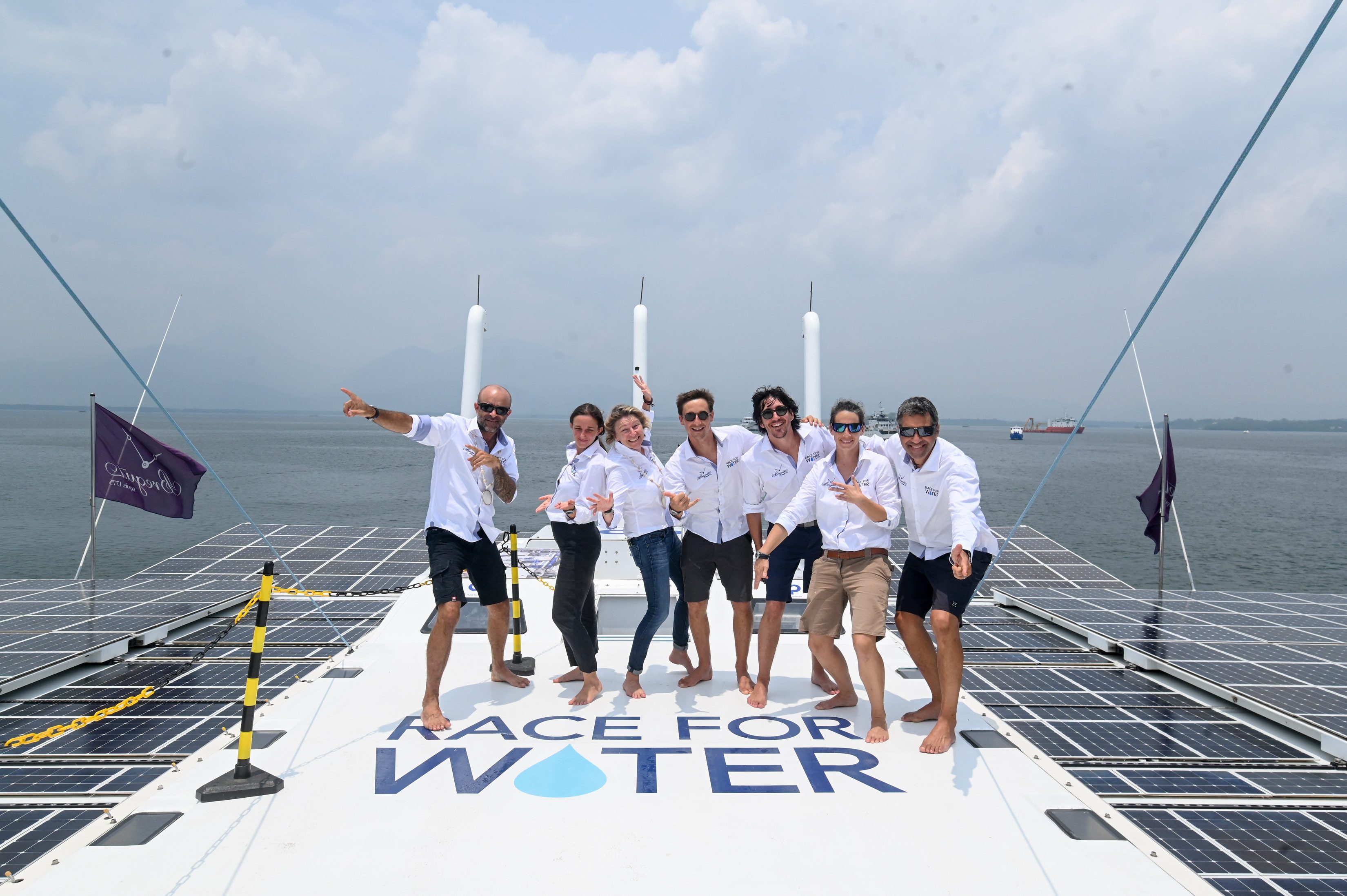 TEAM. (Left to right) Francois Martin (Captain), Annabelle Boudinot (1st mate), Christelle Beigeot (Intendant), Maritin Geveriaux (Engineer), Marc Aymon (Ambassador), Anne Le Chantoux (Technician) and Peter Charaf (Media Man) pose at the top deck of the ship. Photo by Alecs Ongcal/Rappler   