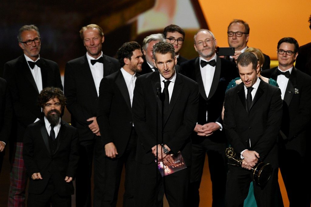 FINAL BOW. David Benioff and D. B. Weiss accept the Outstanding Drama Series award for 'Game of Thrones' onstage during the 71st Emmy Awards at Microsoft Theater on September 22, 2019 in Los Angeles, California. Photo by Kevin Winter/Getty Images/AFP 