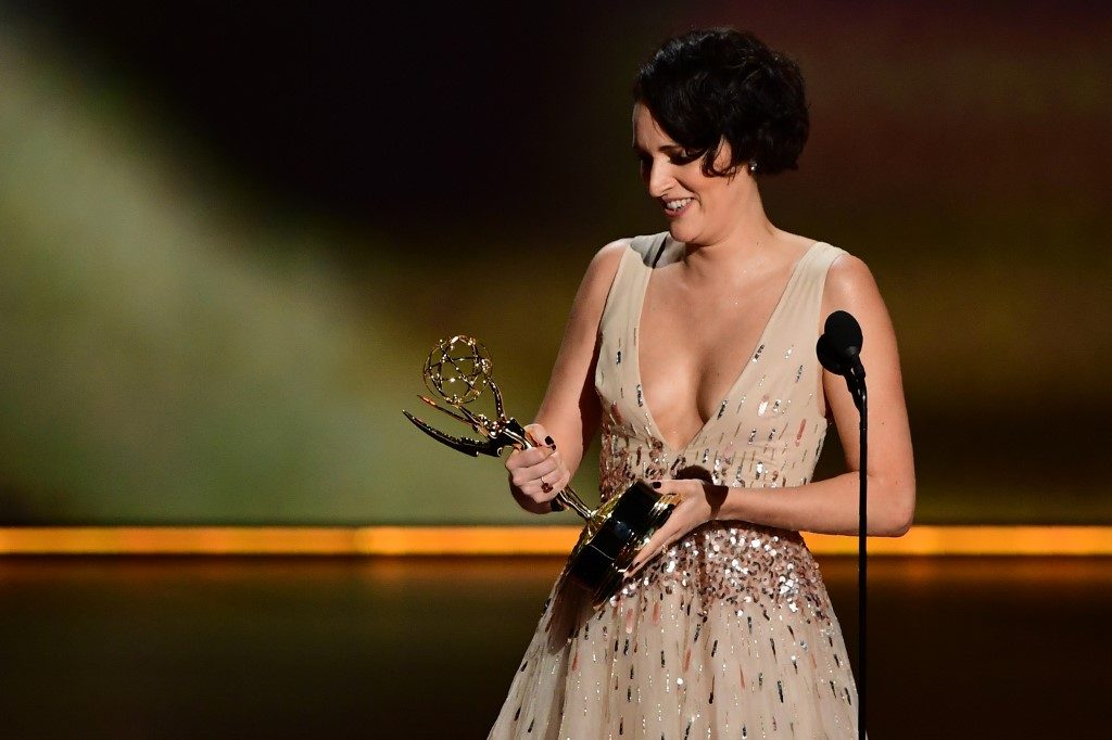 SURPRISE WIN. British actress Phoebe Waller-Bridge accepts the Outstanding Lead Actress in a Comedy Series award for 'Fleabag' onstage during the 71st Emmy Awards at the Microsoft Theatre in Los Angeles on September 22, 2019. Photo by Frederic J. Brown / AFP 