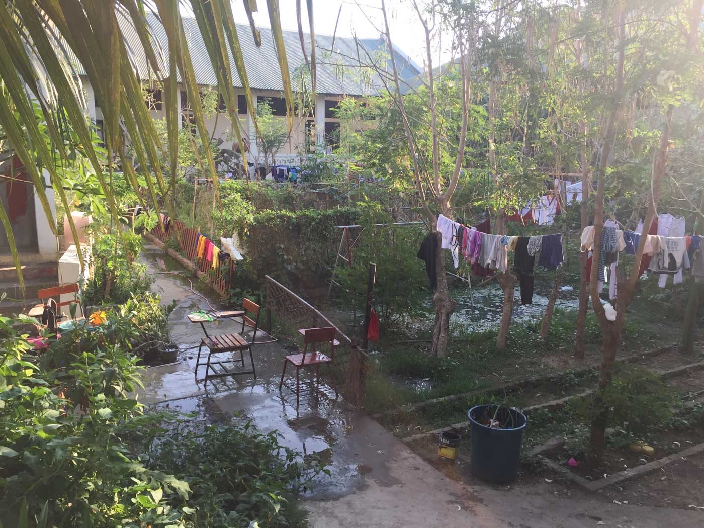 DOING LAUNDRY. Vigan Central School's garden is converted into a laundry area for the athletes from Zamboanga. 