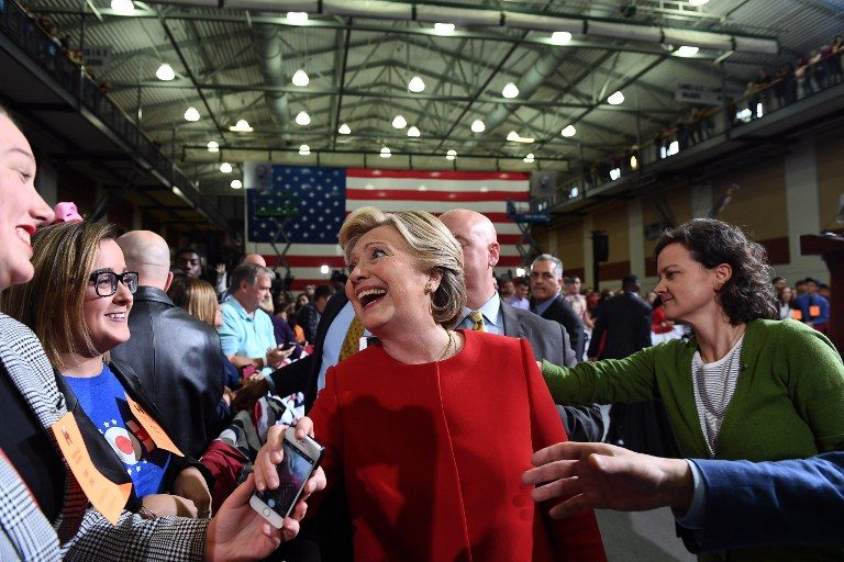 US Democratic presidential nominee Hillary Clinton greets supporters during a campaign rally at the Kent State University in Kent, Ohio, on October 31, 2016. Jewel Samad/AFP 