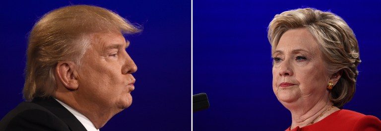 This file combination of pictures created on September 27, 2016 shows Democratic nominee Hillary Clinton (R) looking on during the first presidential debate at Hofstra University in Hempstead, New York on September 26, 2016, and Republican nominee Donald Trump (L) looking on during the first presidential debate at Hofstra University in Hempstead, New York.Timothy A. Clary and Jewel Samad  