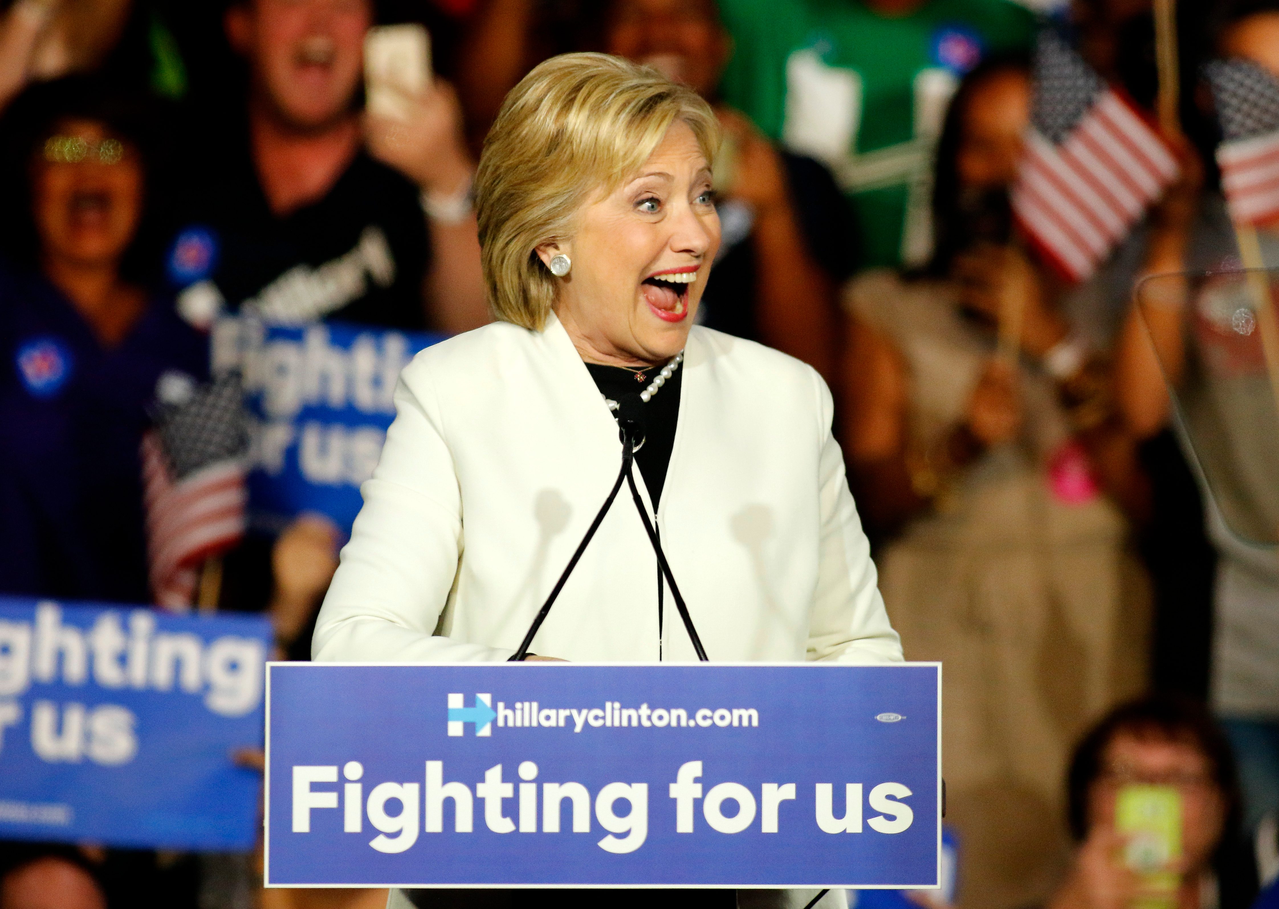 BIG WINNER. US Democratic presidential candidate Hillary Clinton holds a campaign rally at a film studio in Miami, Florida, USA, March 1, 2016. Joe Skipper/EPA 