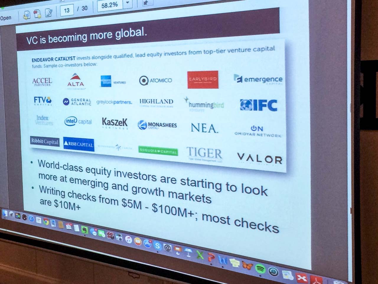  GLOBAL INVESTMENTS. A sample of some of the Venture Capital firms that have invested in Endeavor's firms. Endeavor Catalysts is an an in-house arm that matches the investment a professional investor makes in one of its companies and the profits made from it are in turn reinvested in other Endeavor firms. 