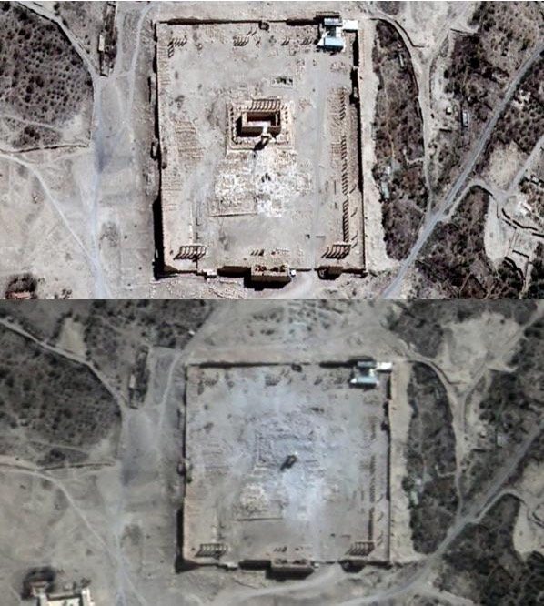 LOST. An UNOSAT (United Nations Institute for Training and Research (UNITAR) Operational Satellite Applications Programme) handout made available on August 31 2015 shows a combo of satellite views of the ancient city of Palmyra in central Syria before (top) and after (down) the explosion on 30 August at Palmyra's ancient temple of Bel, which is held by Islamic State (ISIS). UNOSAT/Handout/EPA 