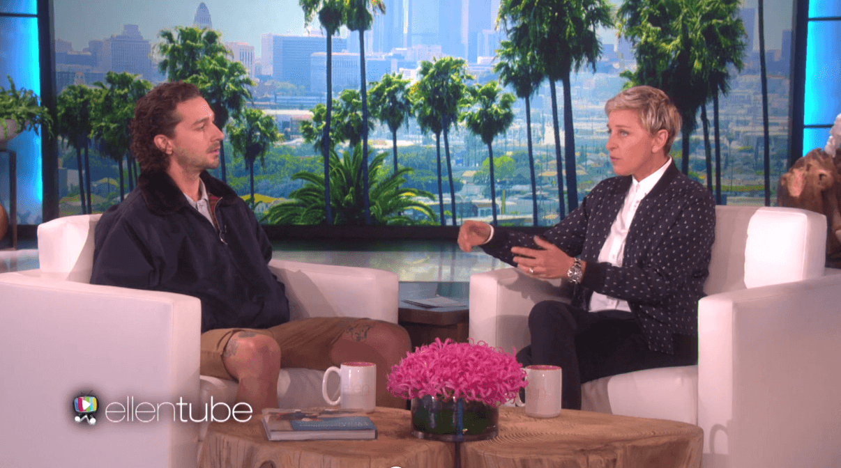 Shia LaBeouf talks to Ellen DeGeneres about his wedding to actress Mia Goth, during his guesting on the show. Screengrab from YouTube/EllenTube  