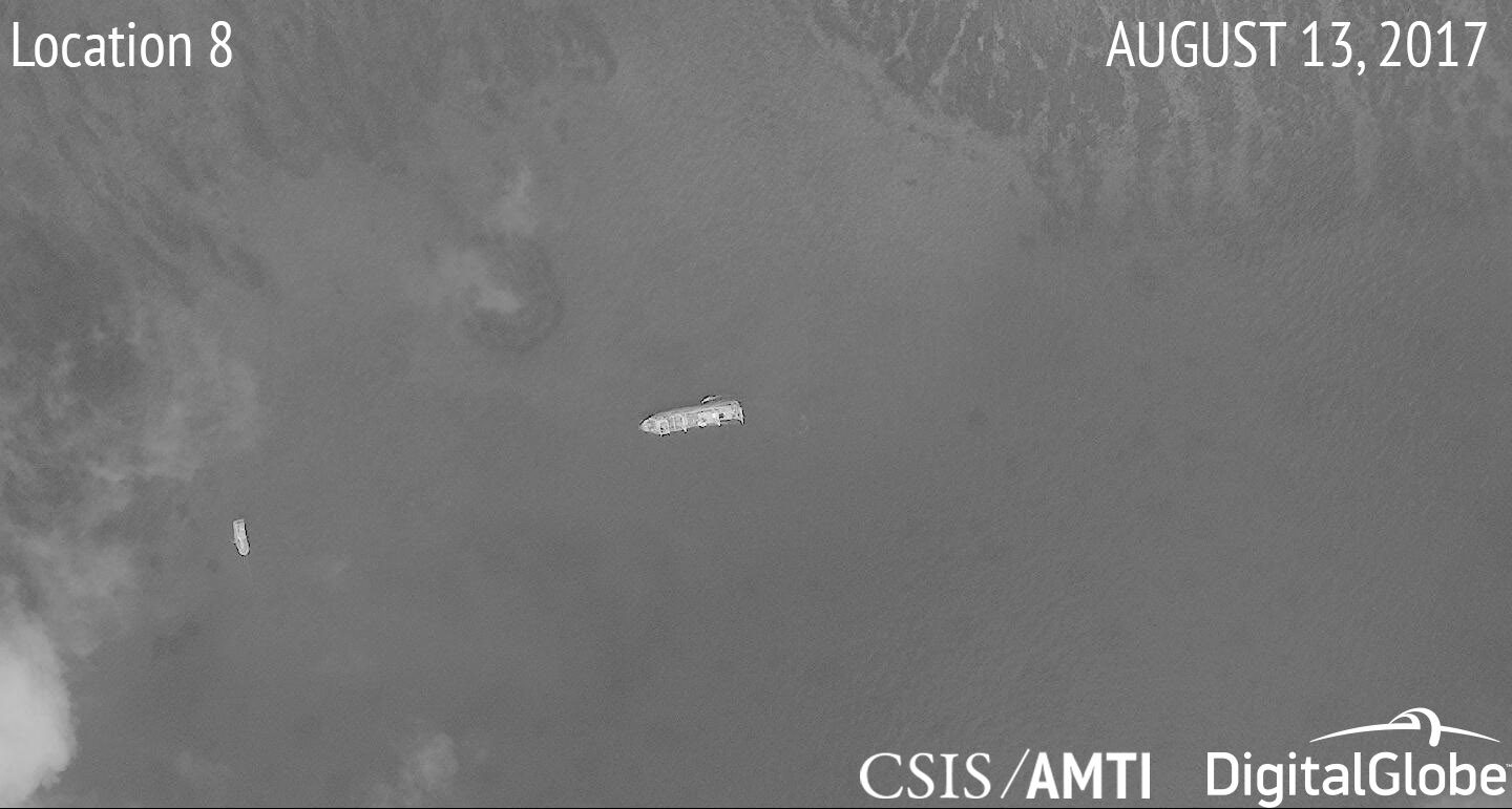 NET VISIBLE. Here is another Chinese ship that appears to be fishing, with a net visibly in the water. Photo courtesy of CSIS/AMTI and DigitalGlobe 