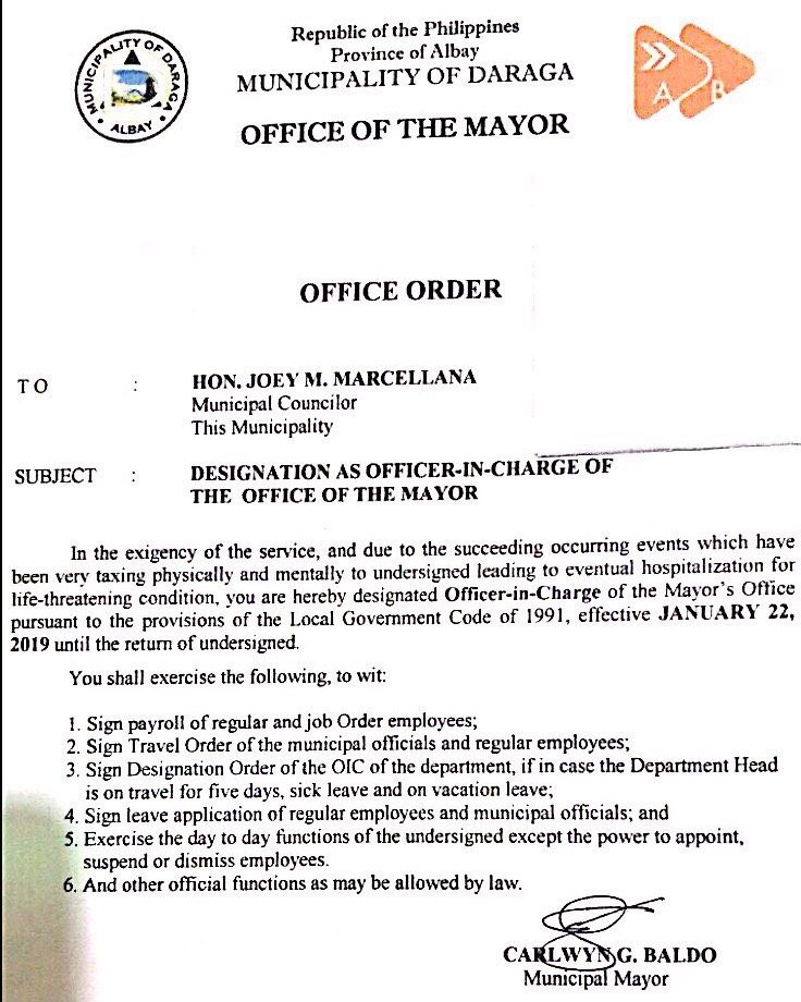 APPOINTMENT ORDER. Carlwyn Baldo appoints Joey Marcellana as OIC Daraga Mayor. Sourced photo  