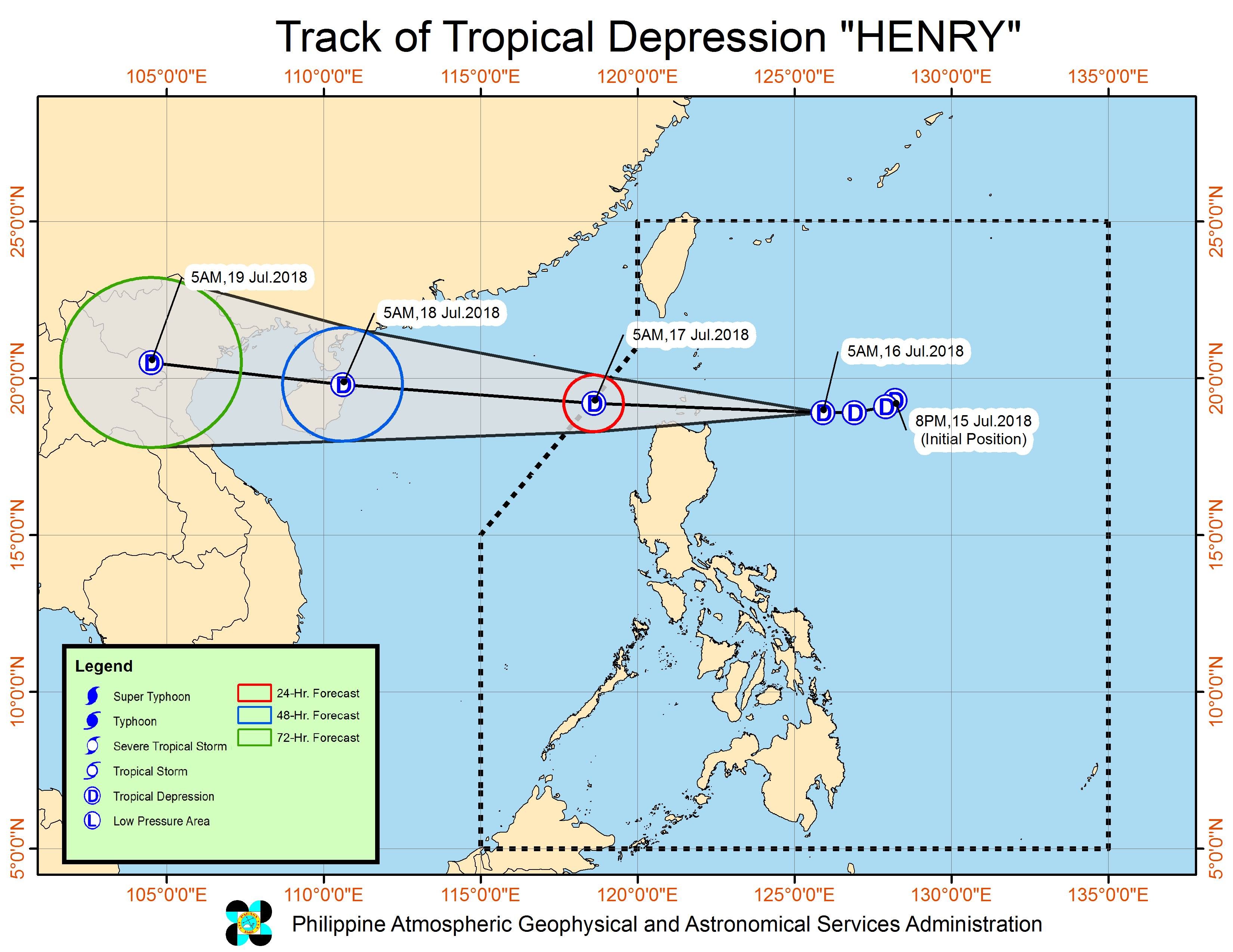 Forecast track of Tropical Depression Henry as of July 16, 2018, 8 am. Image courtesy of PAGASA 