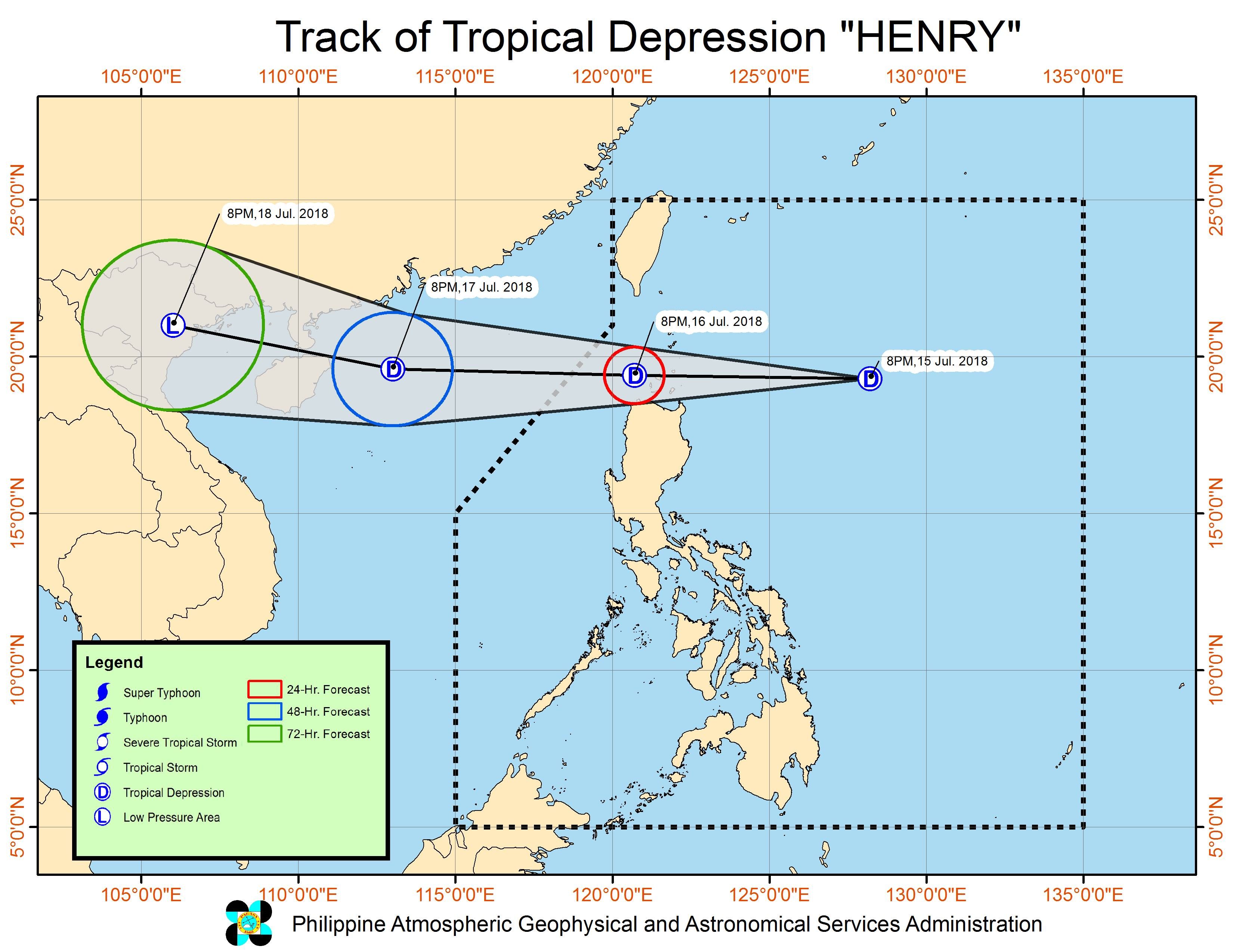 Forecast track of Tropical Depression Henry as of July 15, 2018, 11 pm. Image courtesy of PAGASA 