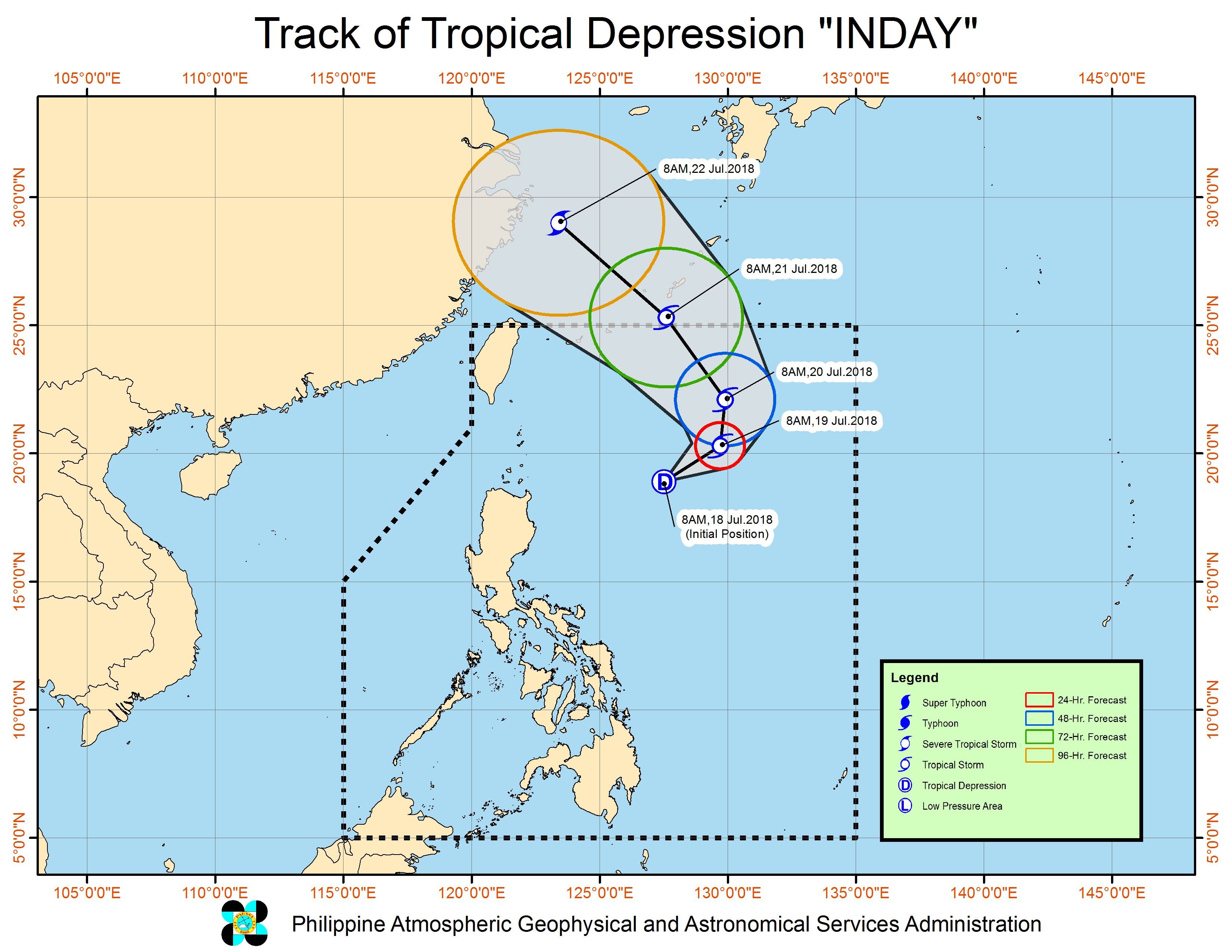 Forecast track of Tropical Depression Inday as of July 18, 2018, 11 am. Image courtesy of PAGASA 