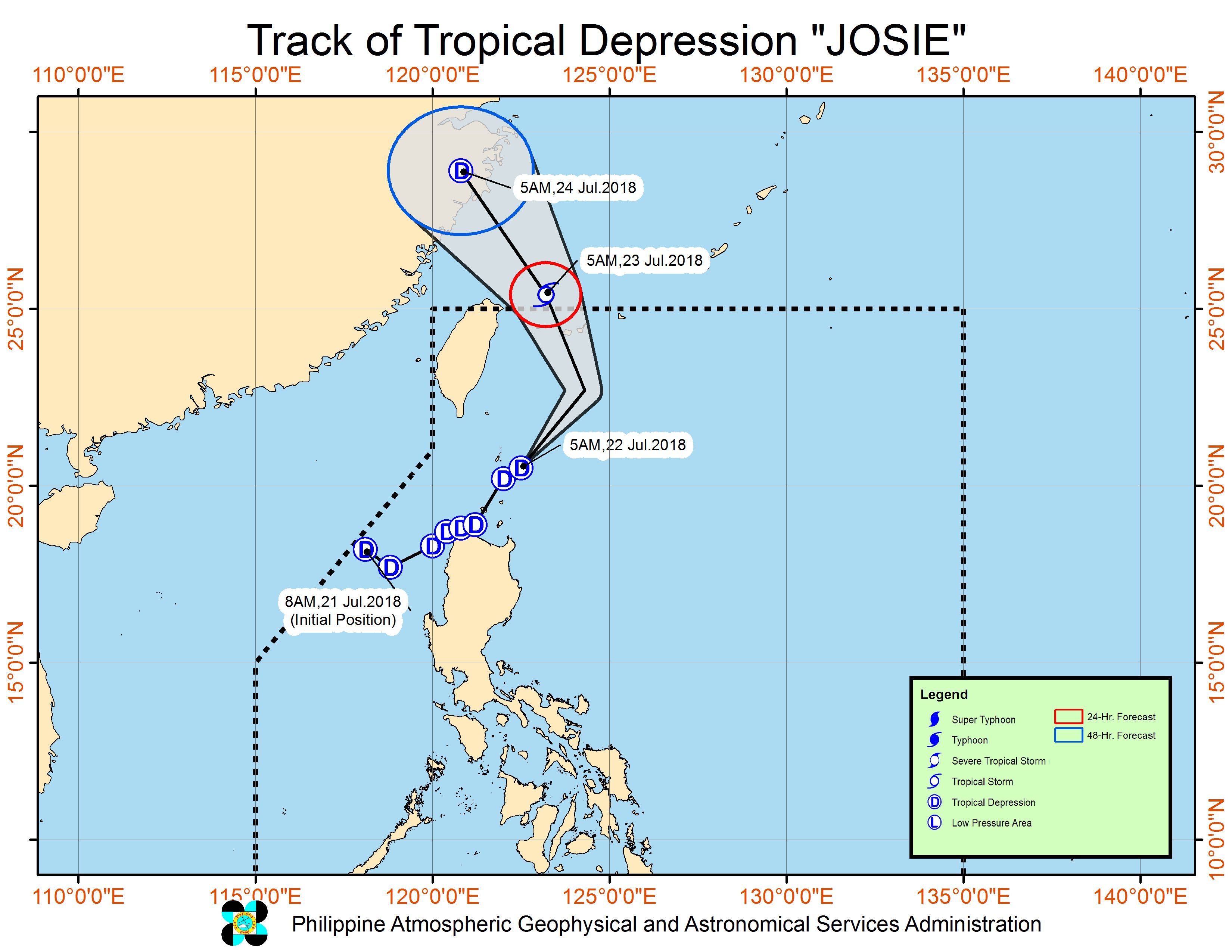 Forecast track of Tropical Depression Josie as of July 22, 2018, 8 am. Image courtesy of PAGASA 