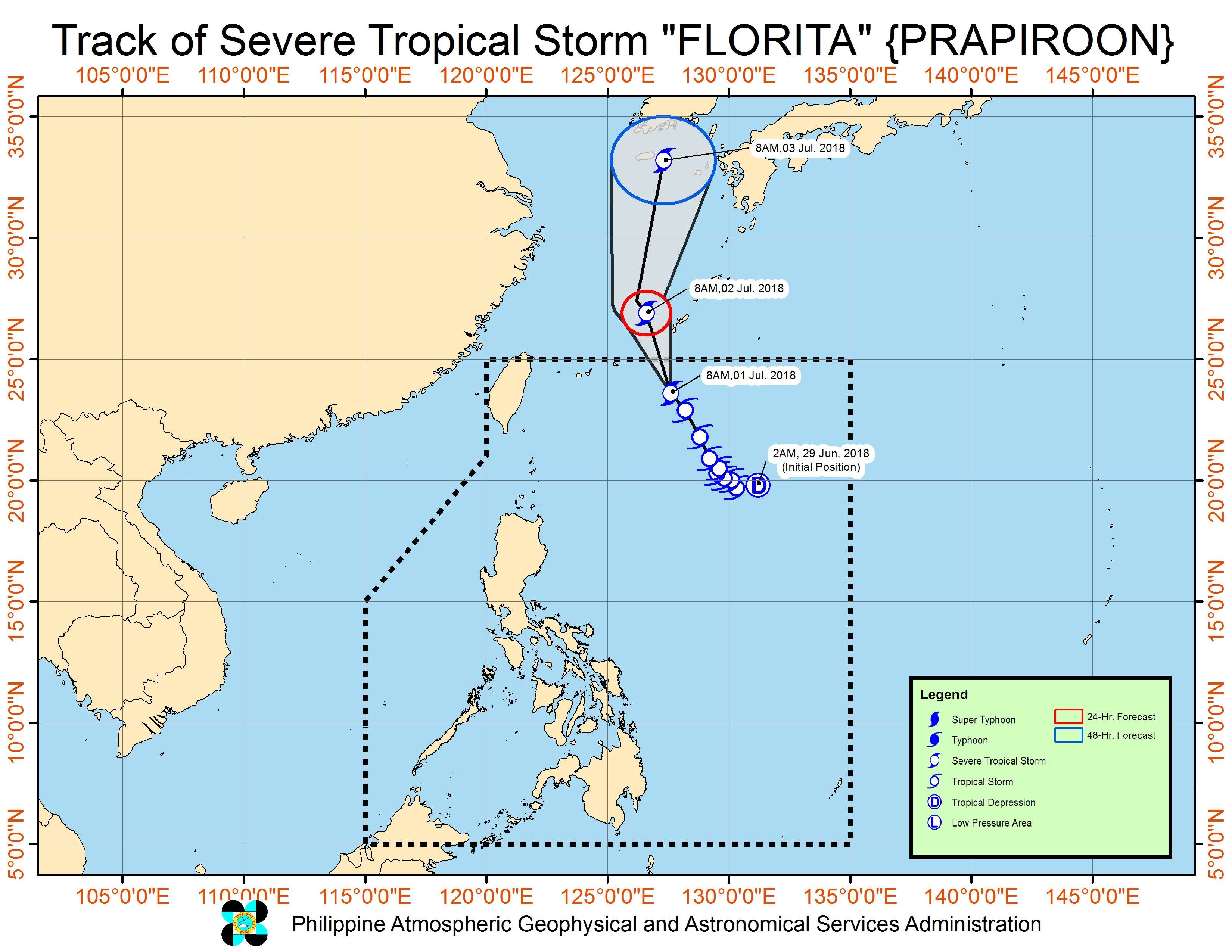 Forecast track of Severe Tropical Storm Florita (Prapiroon) as of July 1, 2018, 11 am. Image courtesy of PAGASA 