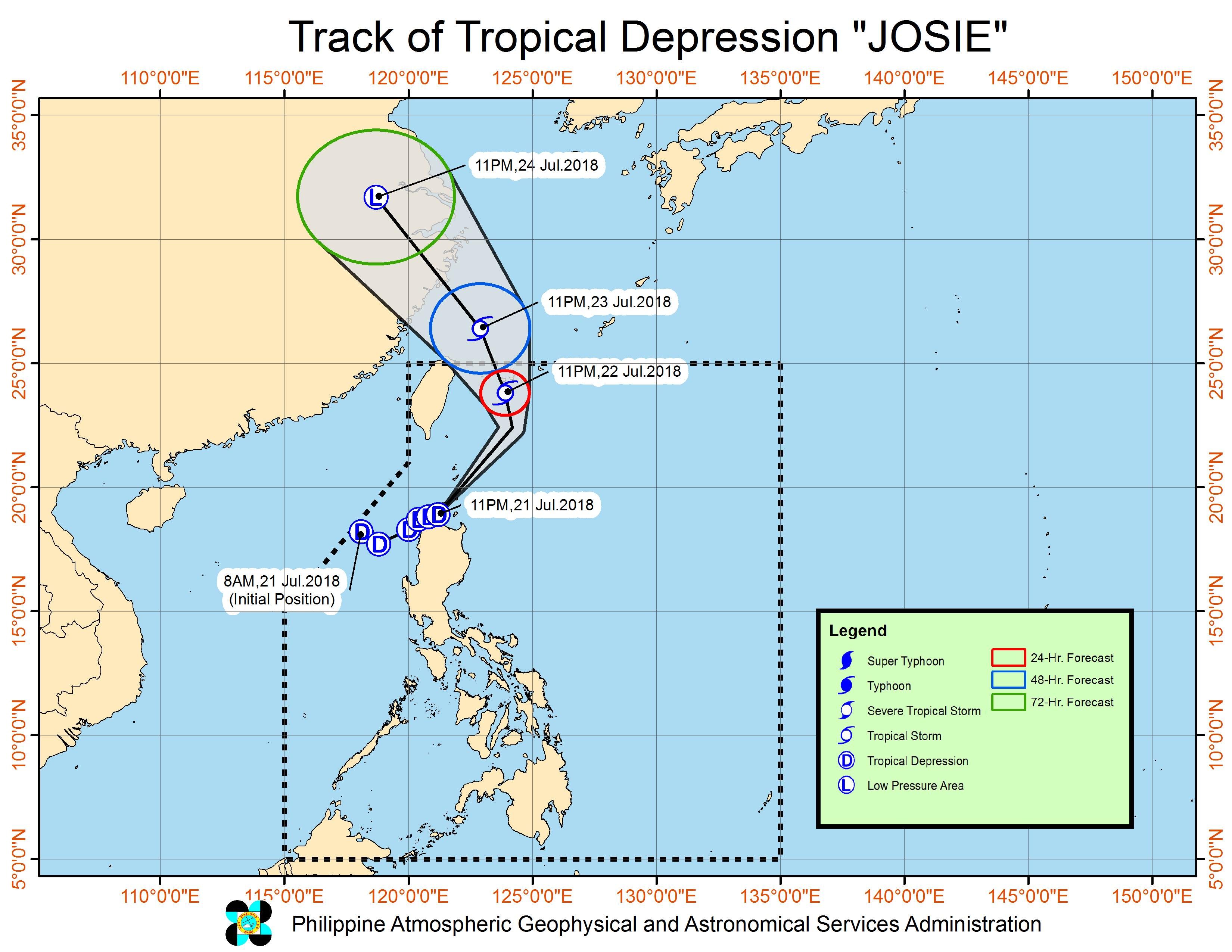 Forecast track of Tropical Depression Josie as of July 22, 2018, 2 am. Image courtesy of PAGASA 
