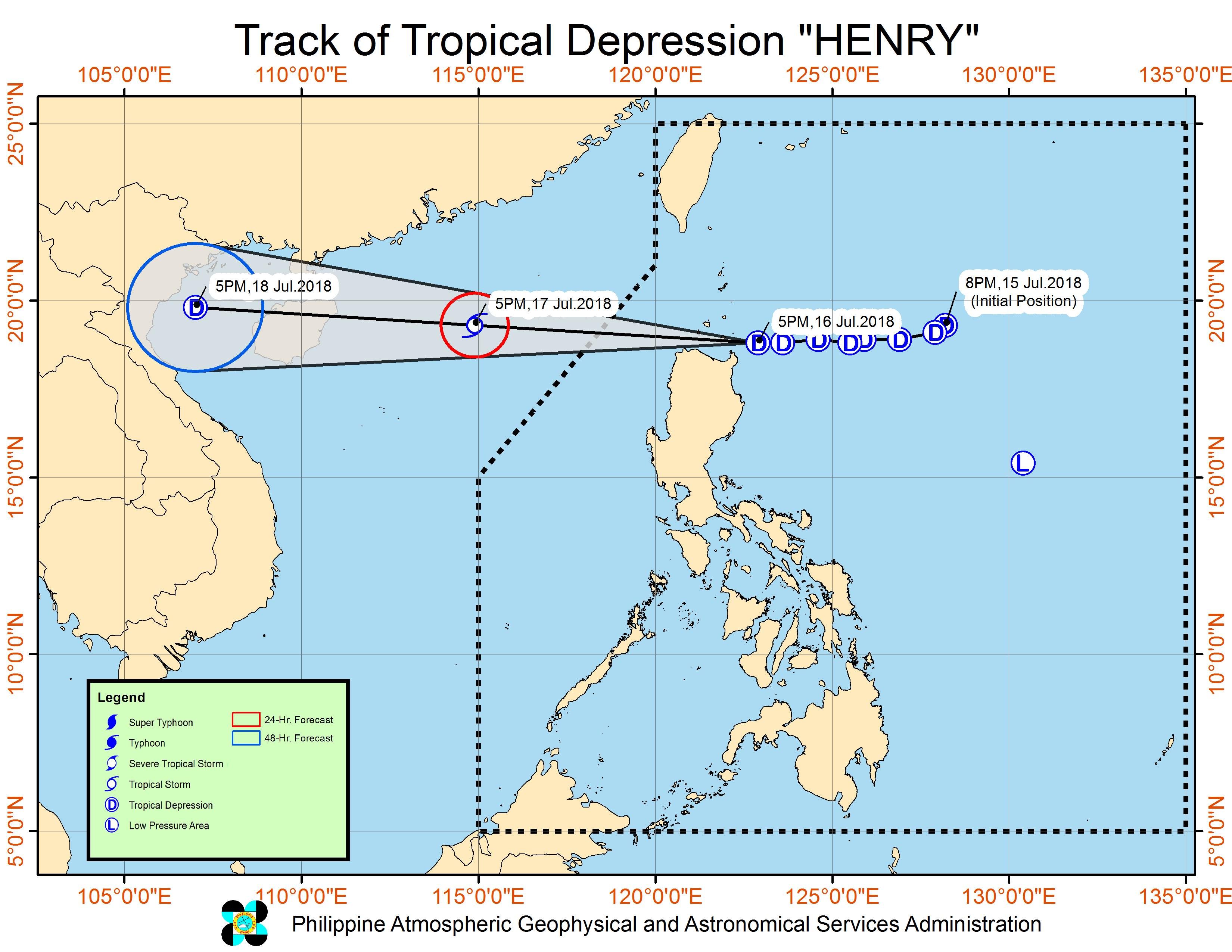 Forecast track of Tropical Depression Henry as of July 16, 2018, 8 pm. Image courtesy of PAGASA 