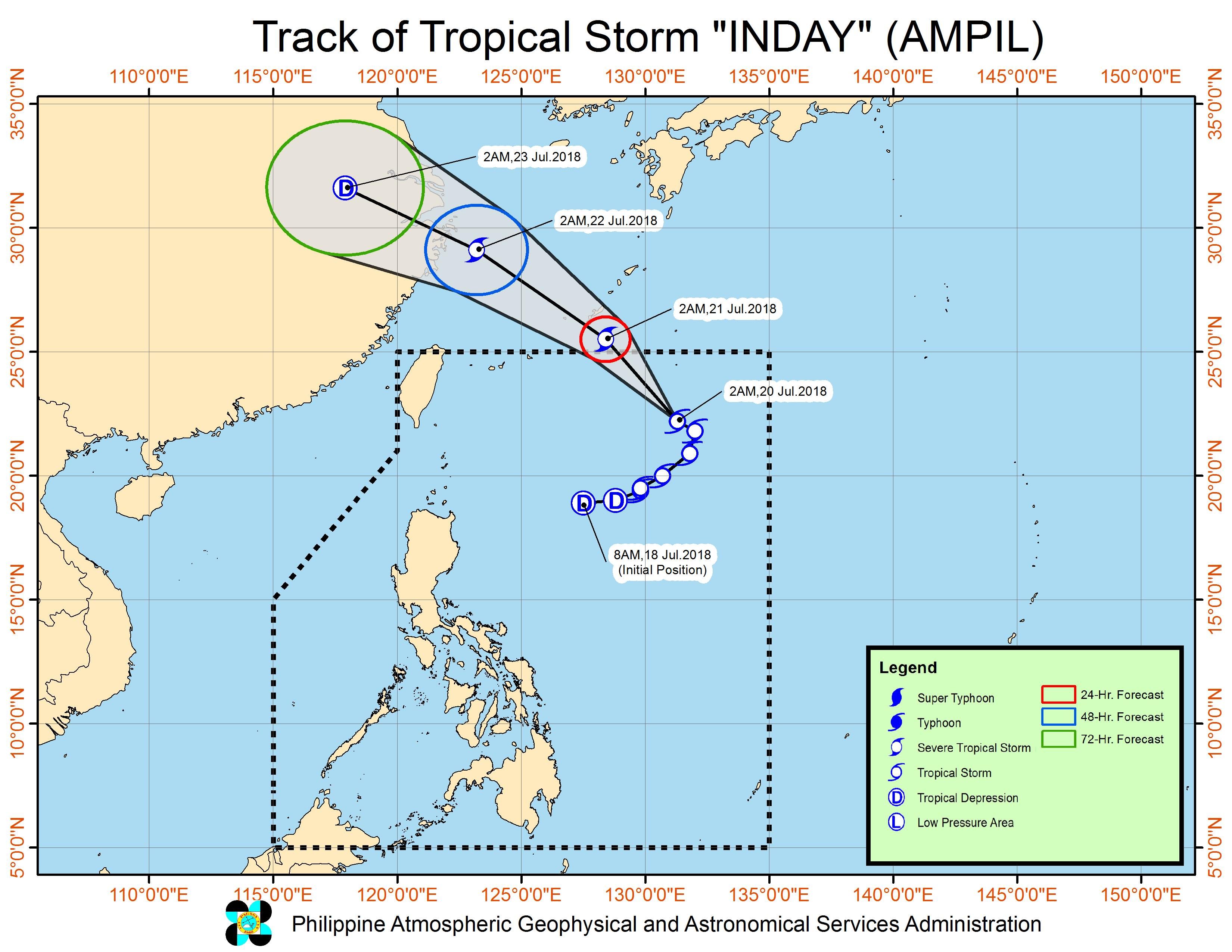 Forecast track of Tropical Storm Inday (Ampil) as of July 20, 2018, 4 am. Image courtesy of PAGASA 