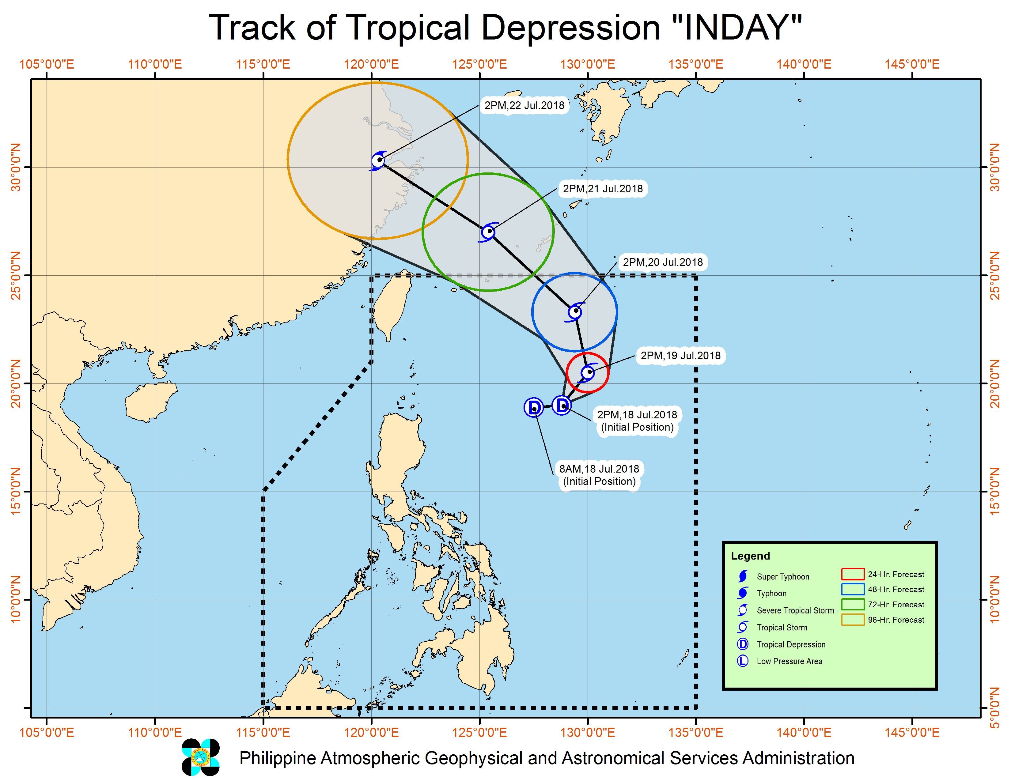 Forecast track of Tropical Depression Inday as of July 18, 2018, 5 pm. Image courtesy of PAGASA 