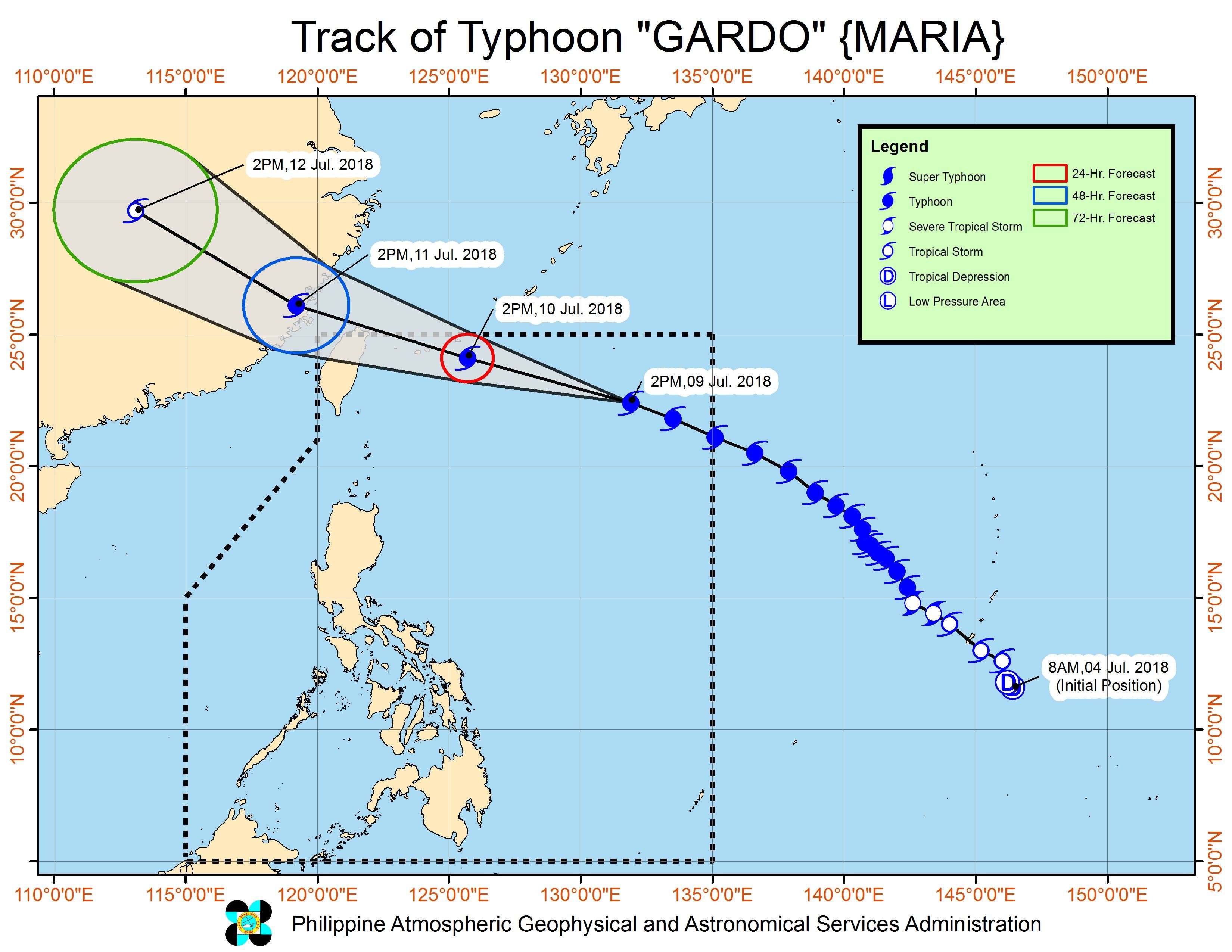 Forecast track of Typhoon Gardo (Maria) as of July 9, 2018, 5 pm. Image courtesy of PAGASA 