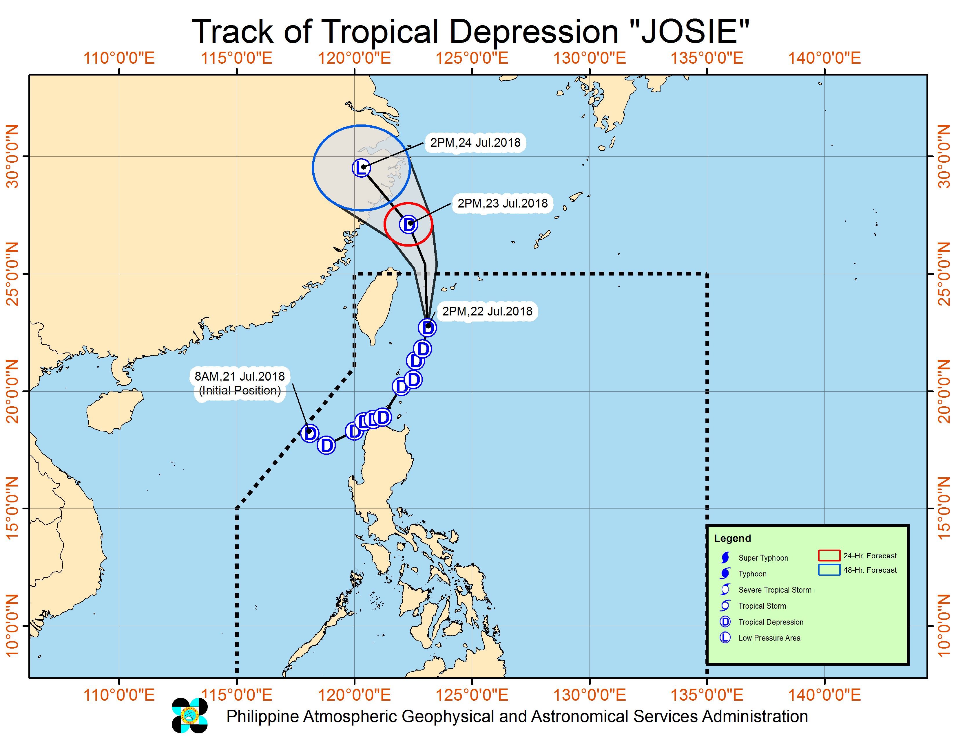 Forecast track of Tropical Depression Josie as of July 22, 2018, 5 pm. Image courtesy of PAGASA 