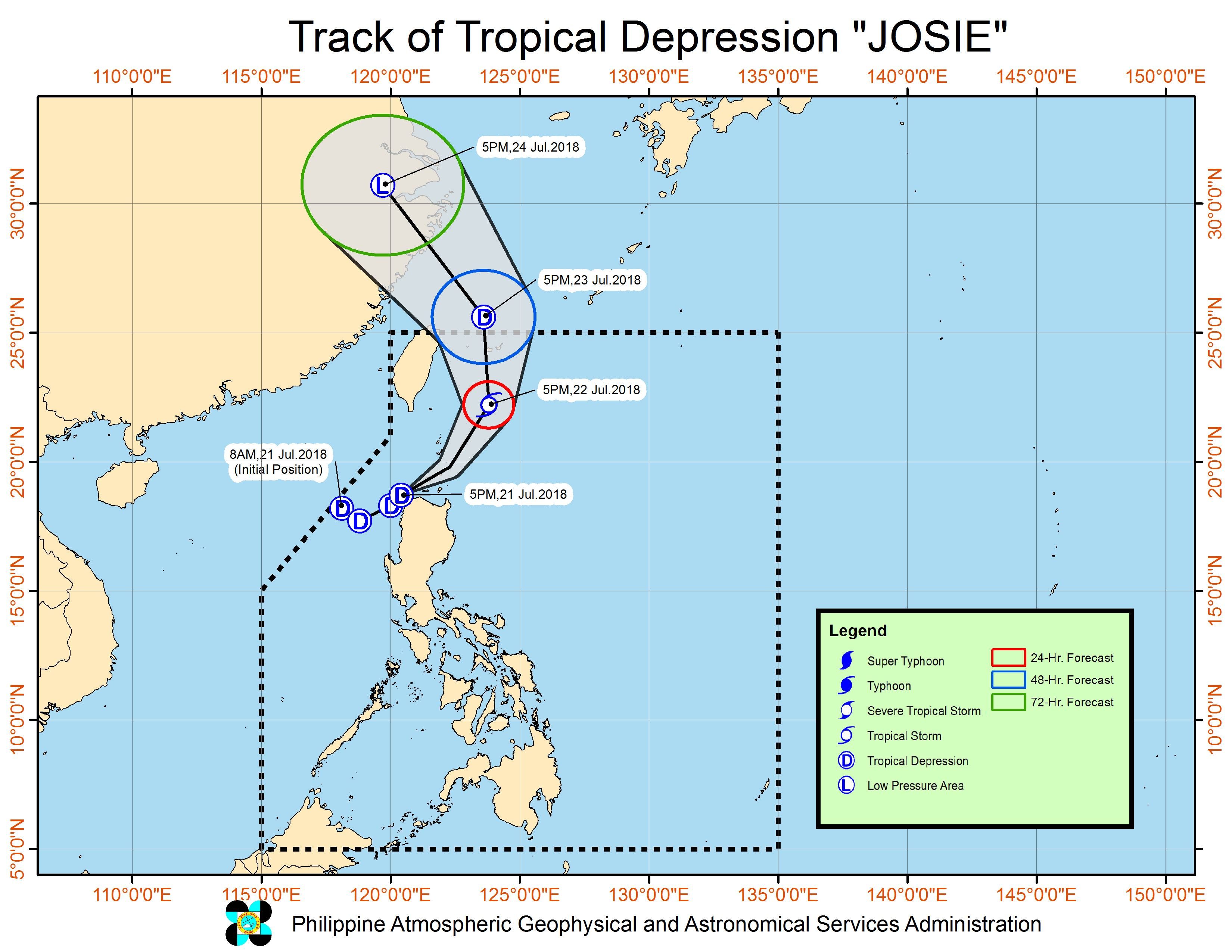 Forecast track of Tropical Depression Josie as of July 21, 2018, 8 pm. Image courtesy of PAGASA 