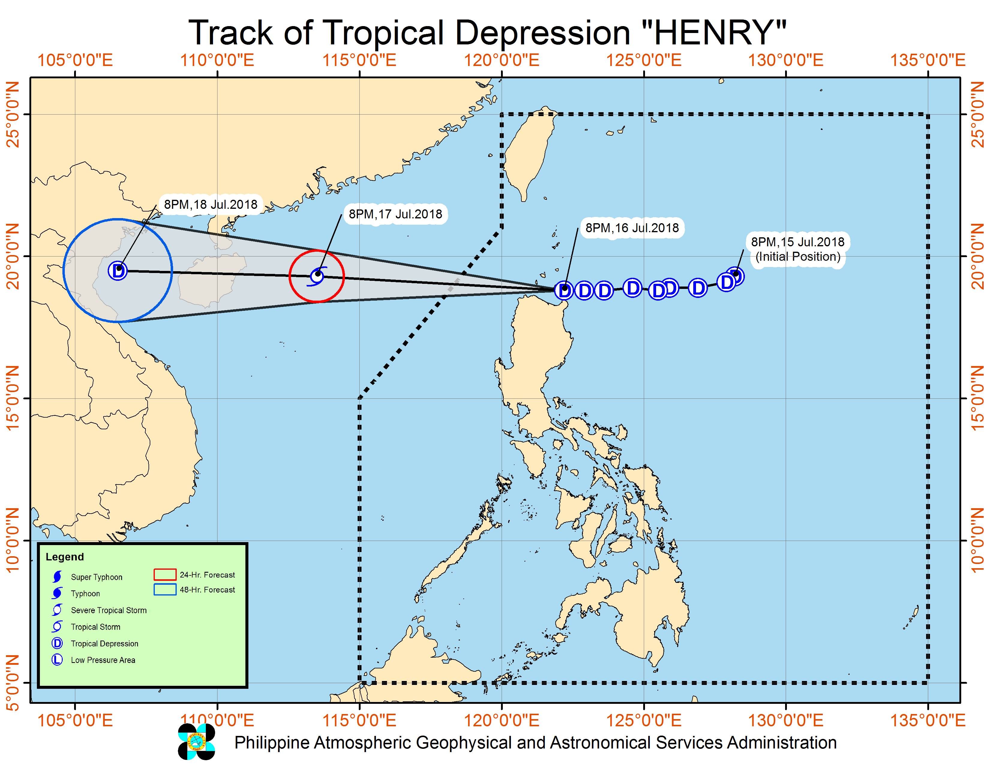 Forecast track of Tropical Depression Henry as of July 16, 2018, 11 pm. Image courtesy of PAGASA 