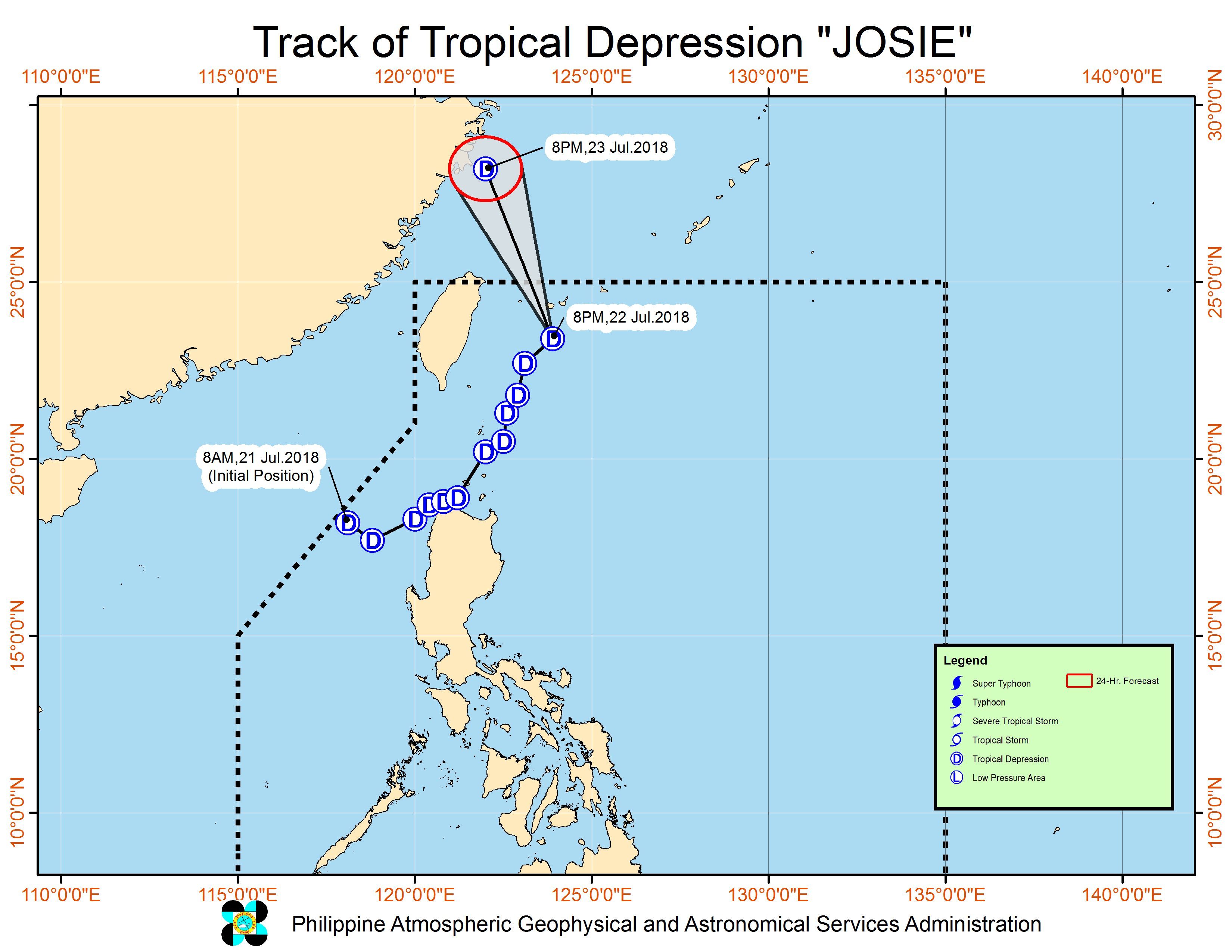 Forecast track of Tropical Depression Josie as of July 22, 2018, 11 pm. Image courtesy of PAGASA 
